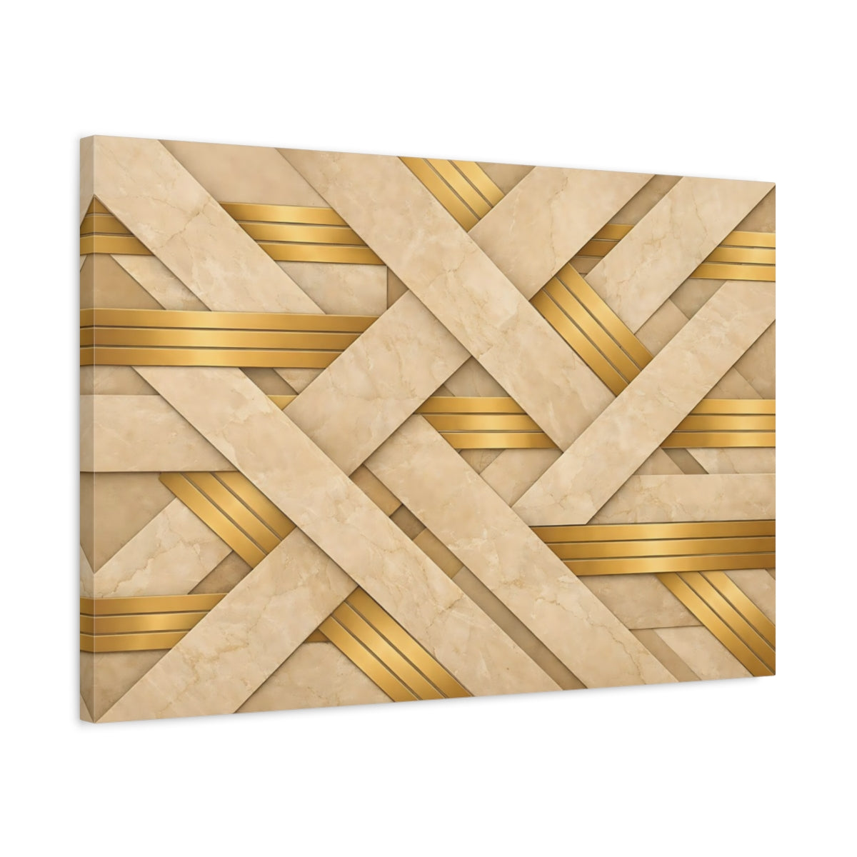 Side Mockup 2. Abstract Geometric Weave Beige Gold Pattern shown as stretched canvas wall art