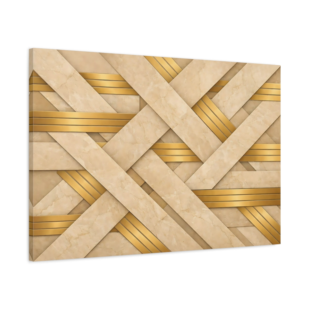 Side Mockup 1. Abstract Geometric Weave Beige Gold Pattern shown as stretched canvas wall art