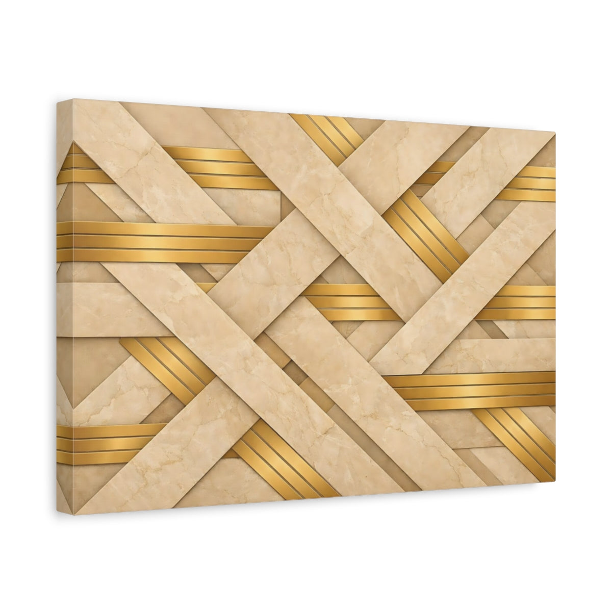 Side Mockup 4. Abstract Geometric Weave Beige Gold Pattern shown as stretched canvas wall art