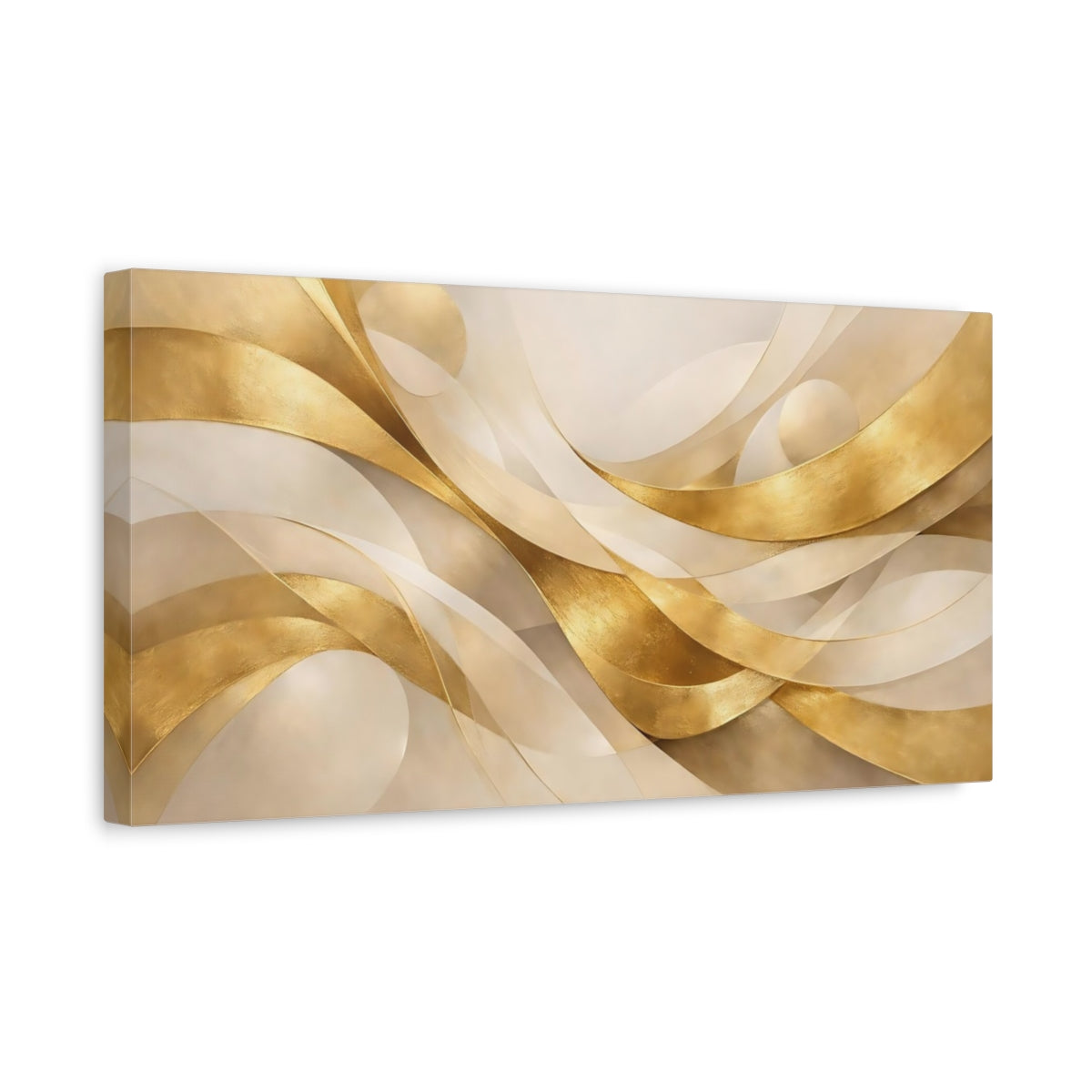 Side Mockup 3. Abstract Golden Ribbons Gold And Beige shown as stretched canvas wall art