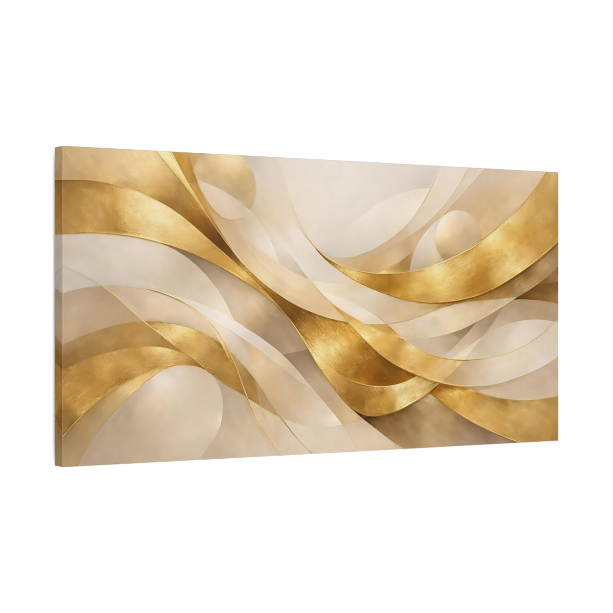 Side Mockup 1. Abstract Golden Ribbons Gold And Beige shown as stretched canvas wall art