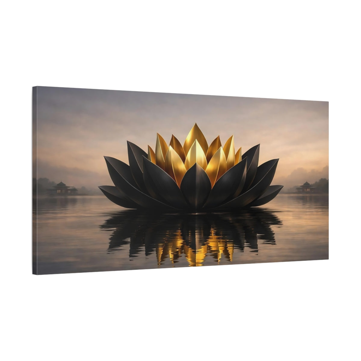 Side Mockup 1. Abstract Lotus Flower Black Gold Zen shown as stretched canvas wall art
