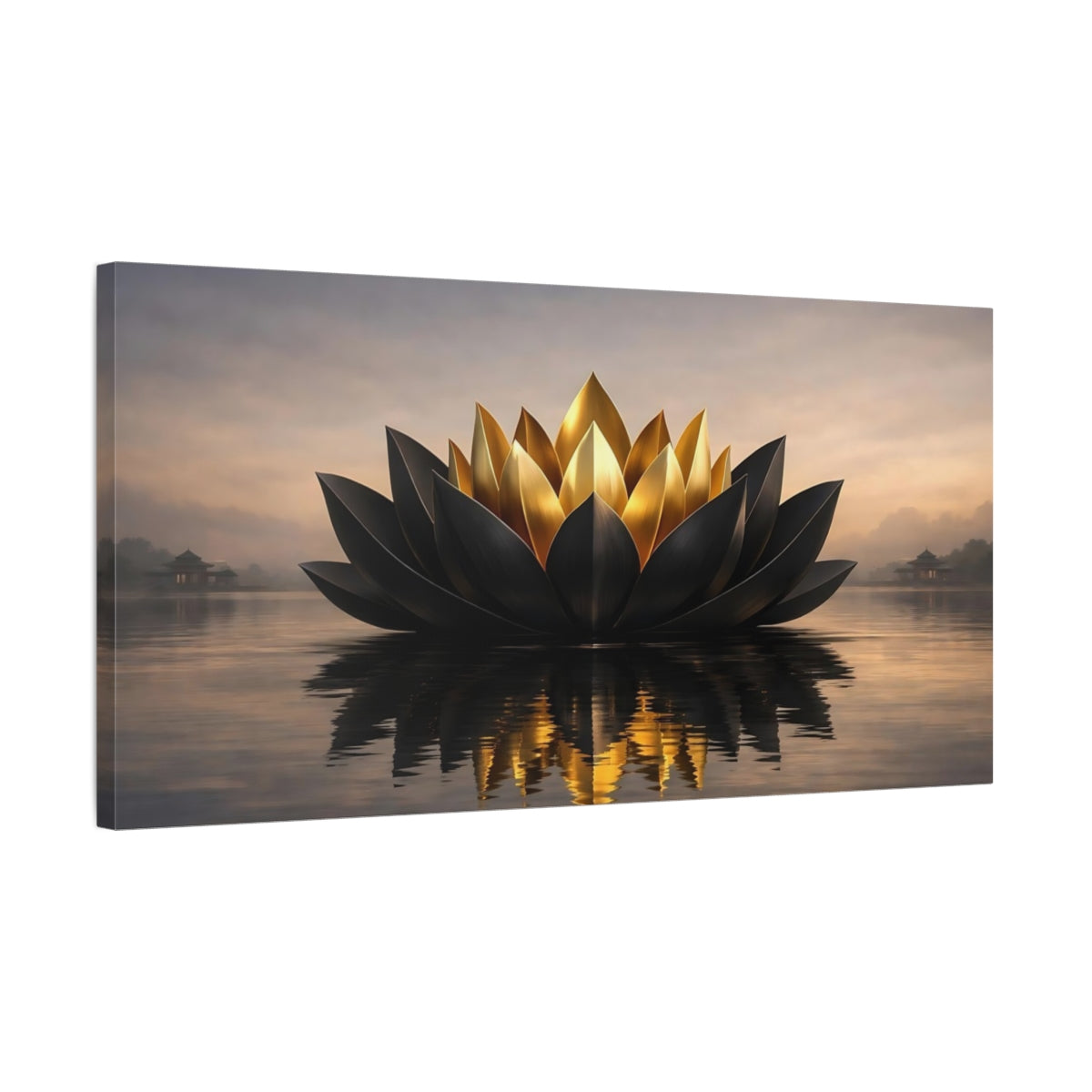 Side Mockup 2. Abstract Lotus Flower Black Gold Zen shown as stretched canvas wall art