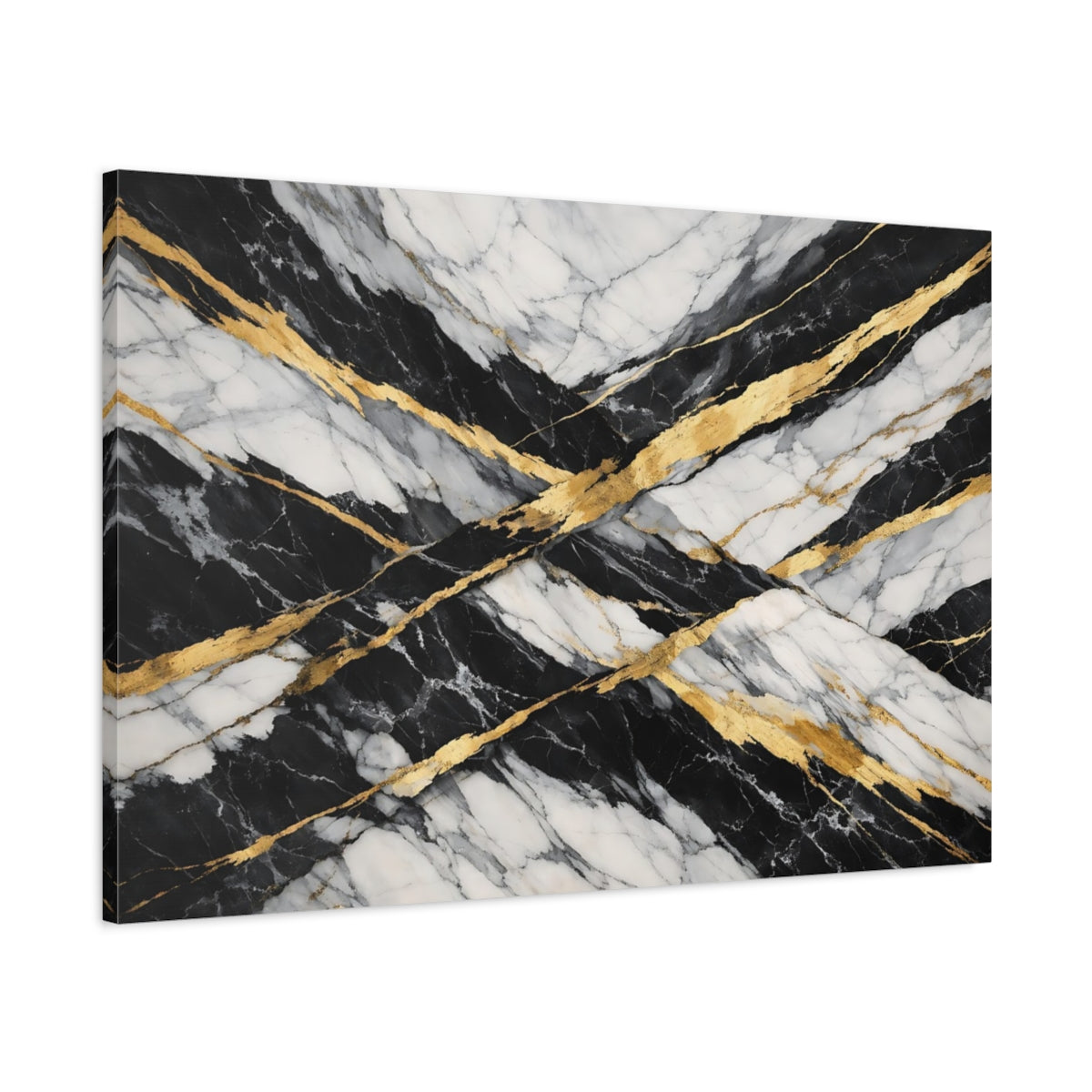 Side Mockup 1. Abstract Marble Black And Gold shown as stretched canvas wall art