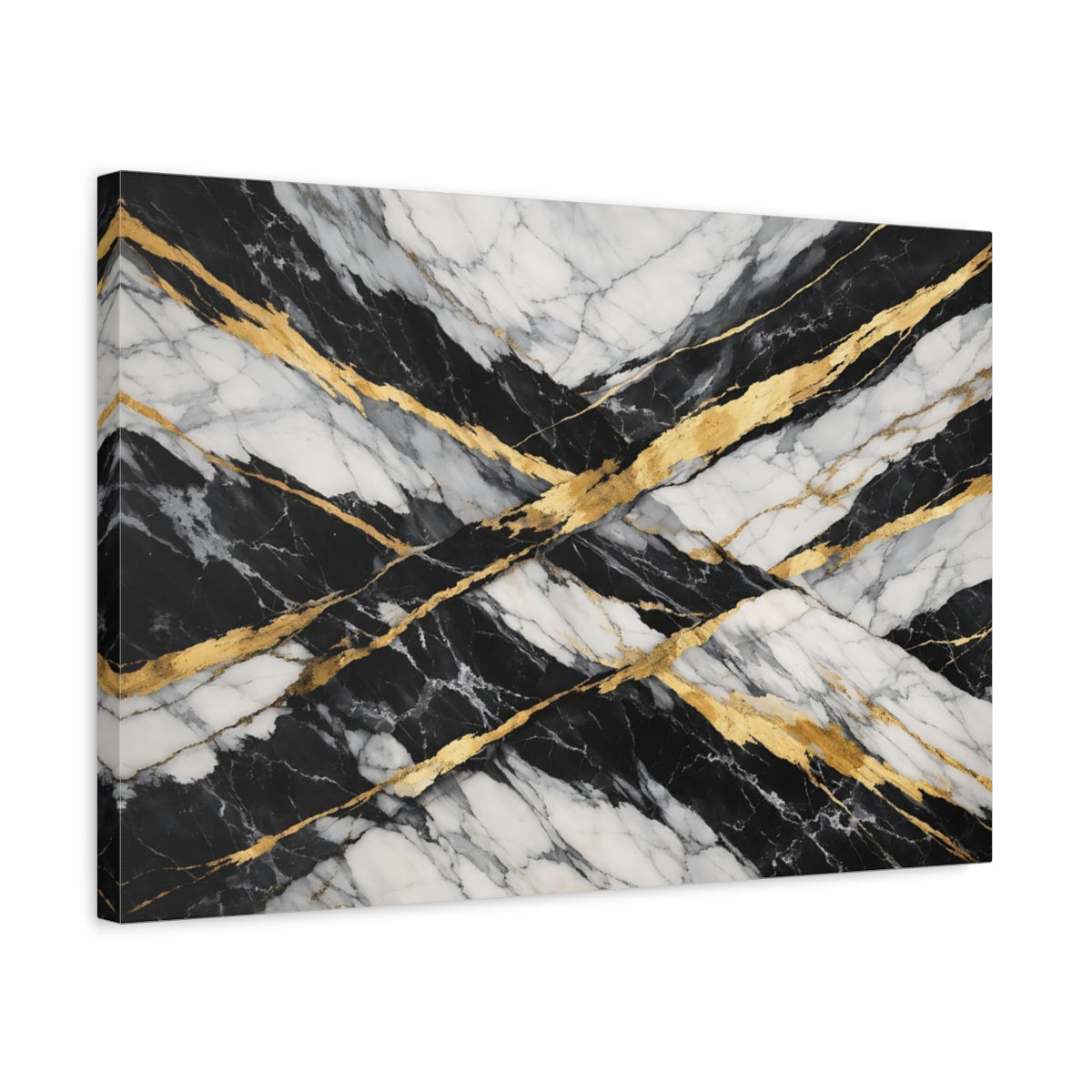 Side Mockup 3. Abstract Marble Black And Gold shown as stretched canvas wall art