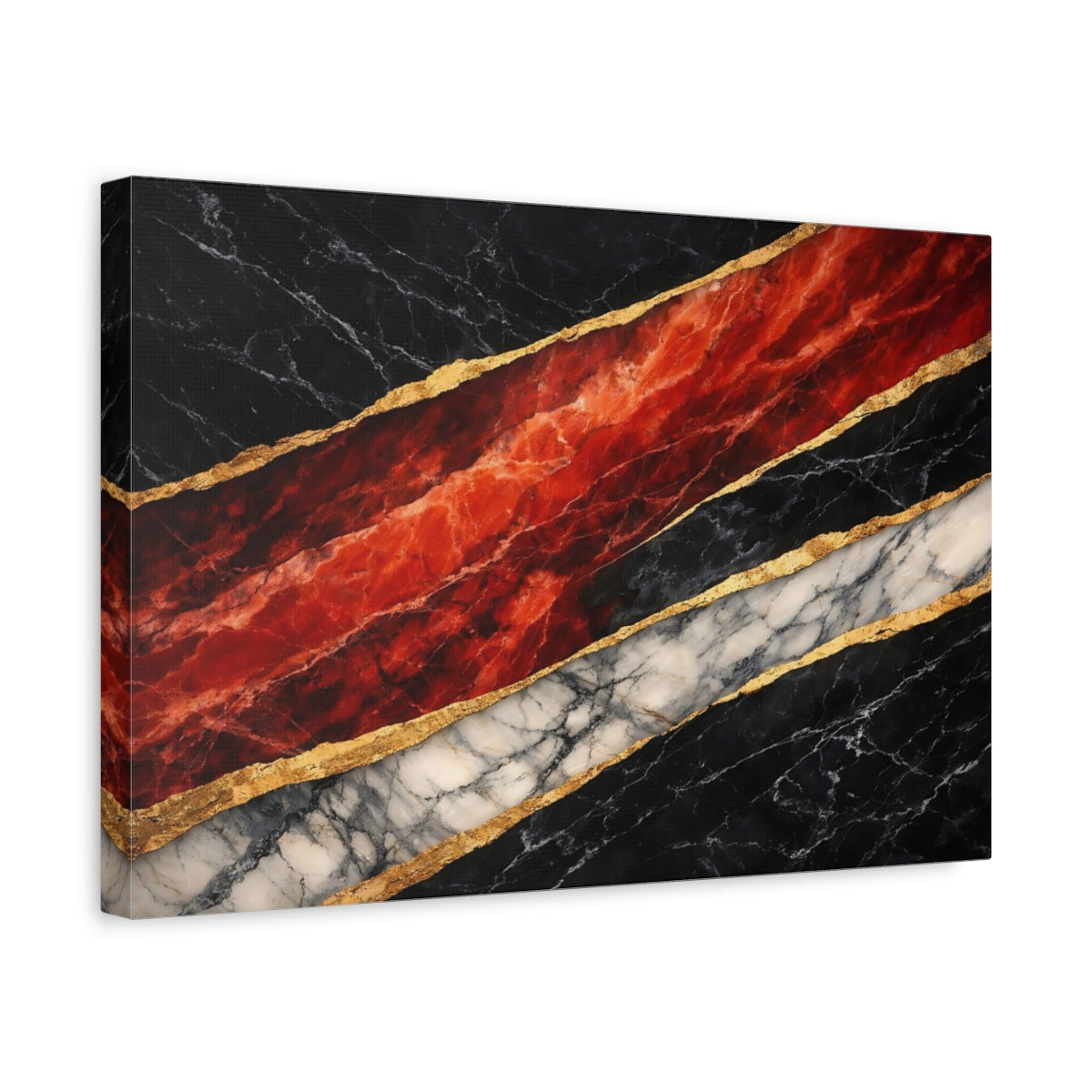Side Mockup 4. Abstract Marble Black Gold Red Marble shown as stretched canvas wall art