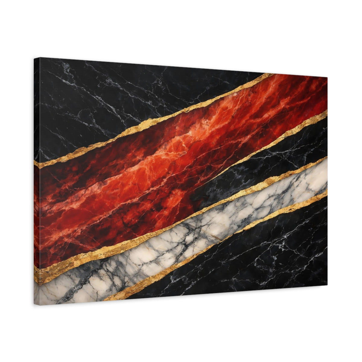 Side Mockup 2. Abstract Marble Black Gold Red Marble shown as stretched canvas wall art