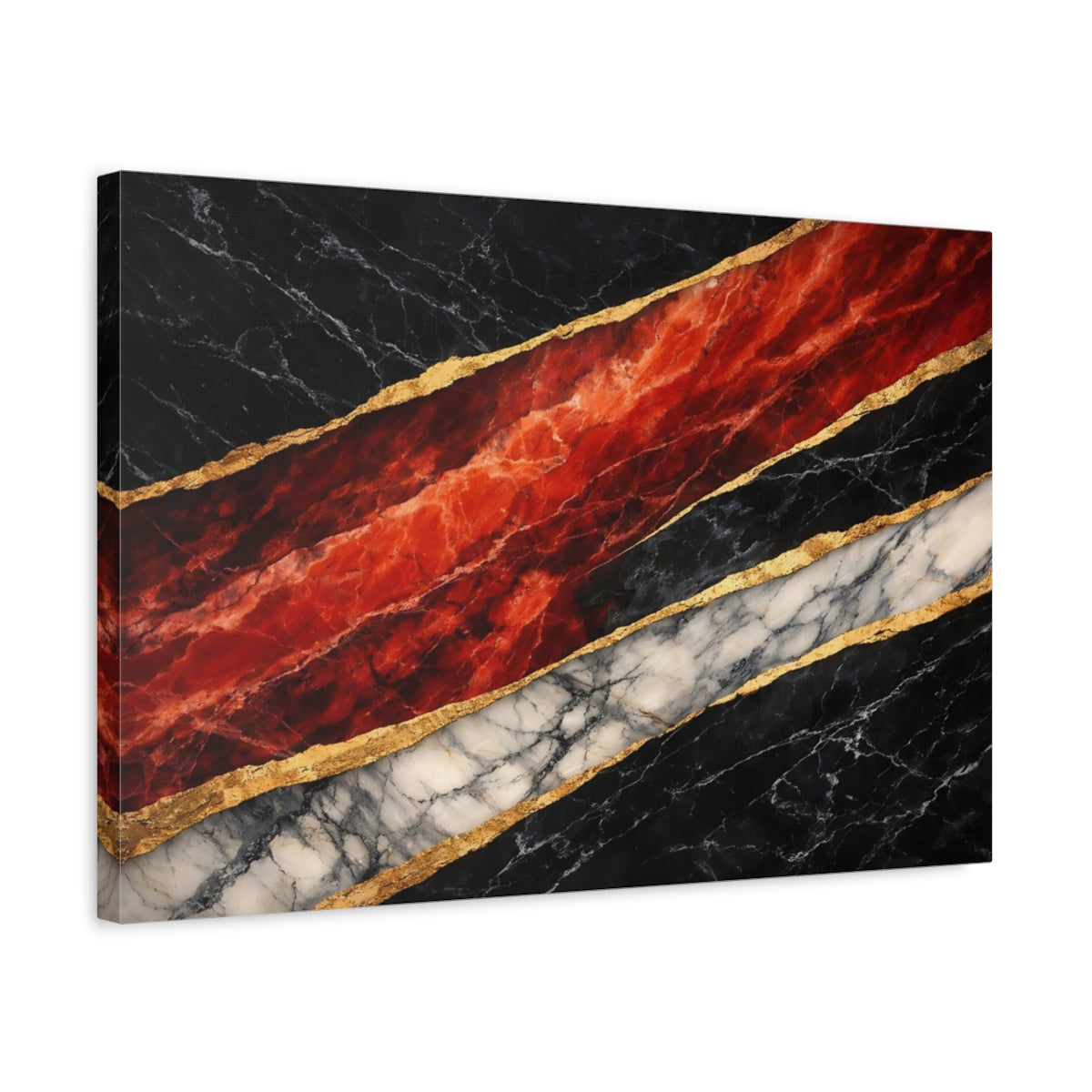 Side Mockup 3. Abstract Marble Black Gold Red Marble shown as stretched canvas wall art