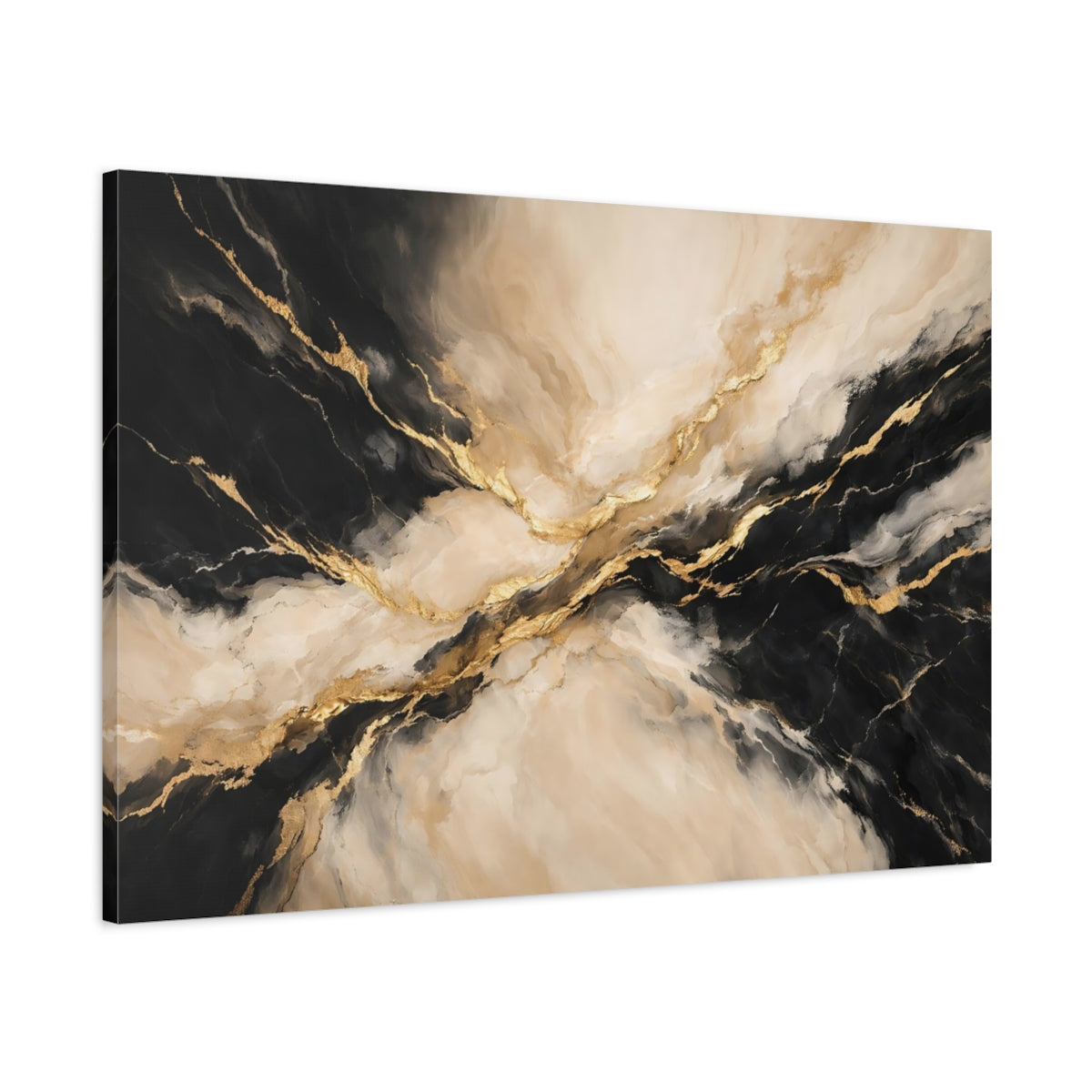 Side Mockup 1. Abstract Marble Texture Black Gold Marble shown as stretched canvas wall art