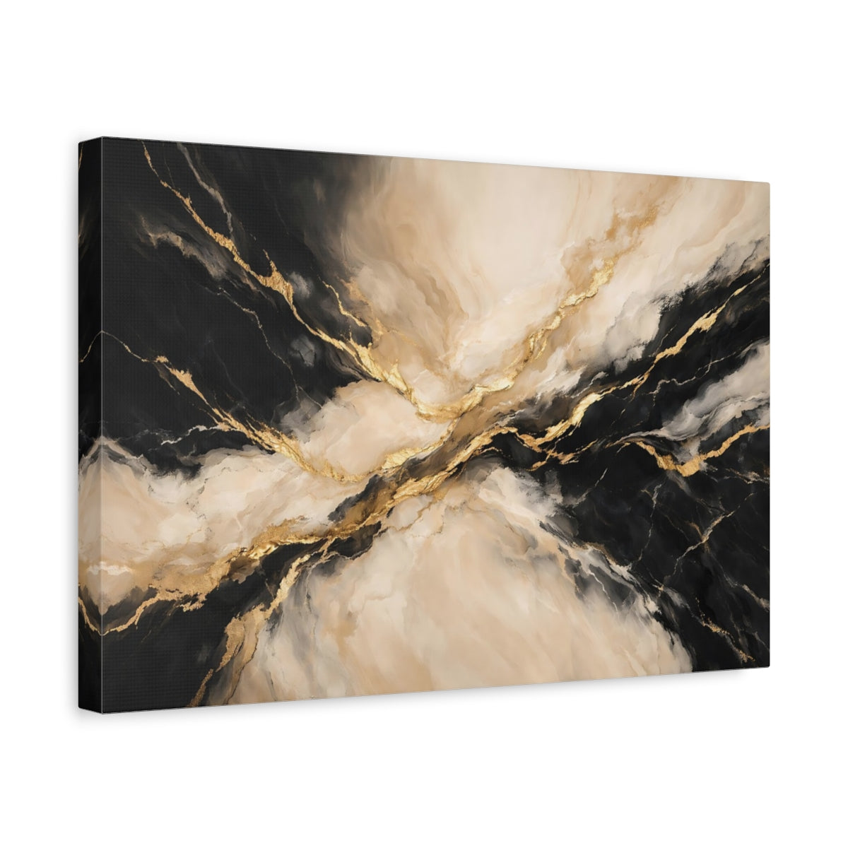 Side Mockup 4. Abstract Marble Texture Black Gold Marble shown as stretched canvas wall art