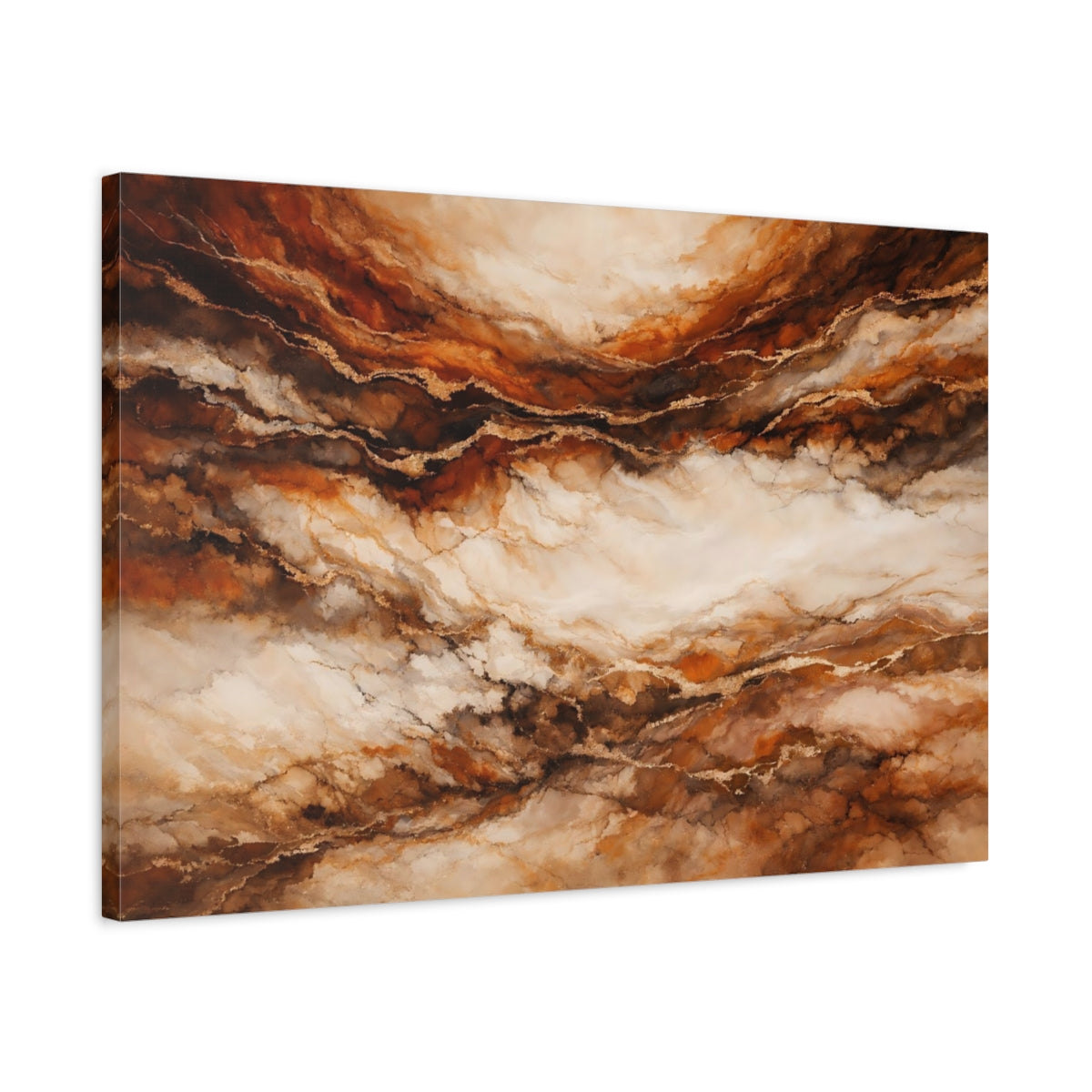Side Mockup 2. Abstract Marble Texture Brown Gold Abstract shown as stretched canvas wall art