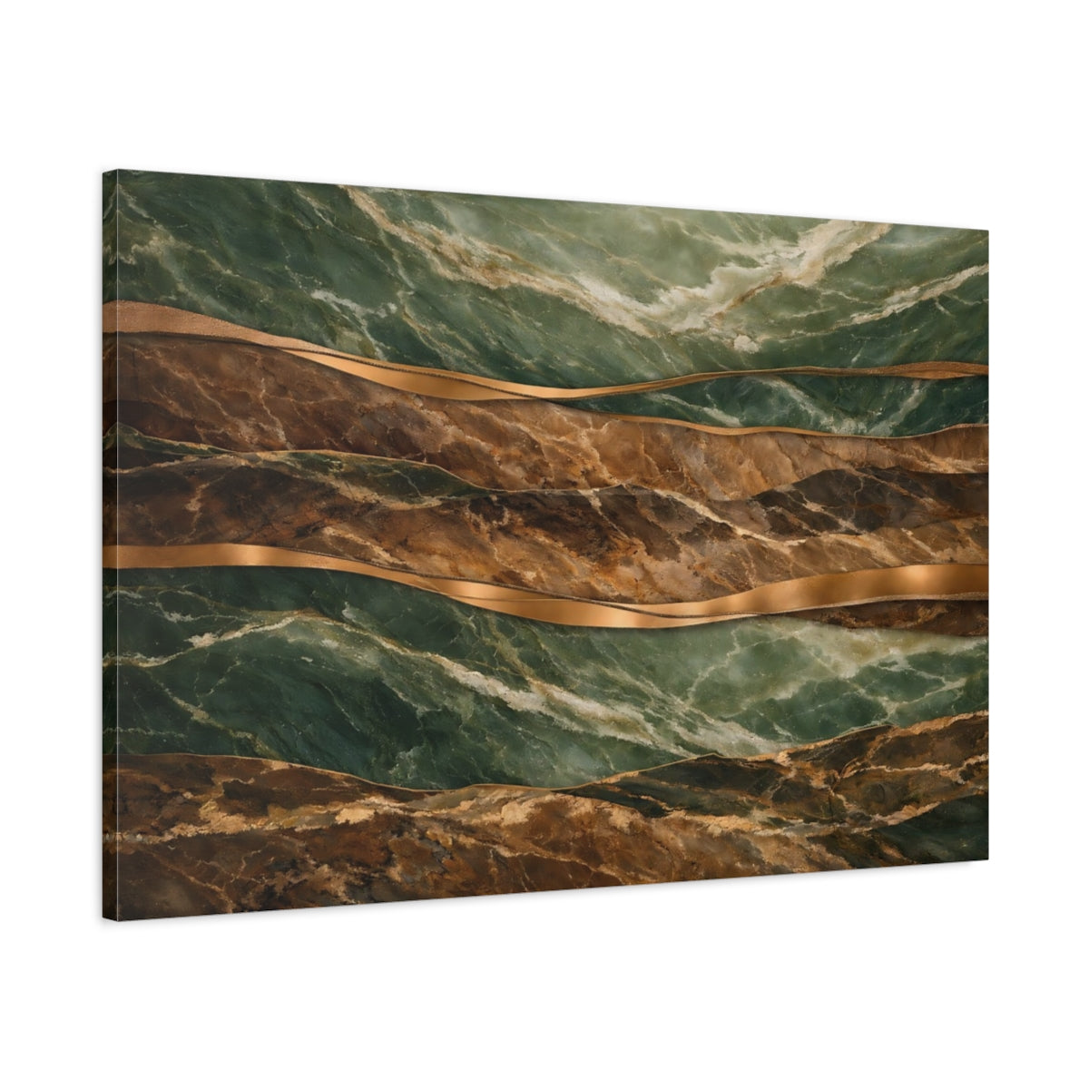 Side Mockup 1. Abstract Marble Texture Green Gold Marble shown as stretched canvas wall art
