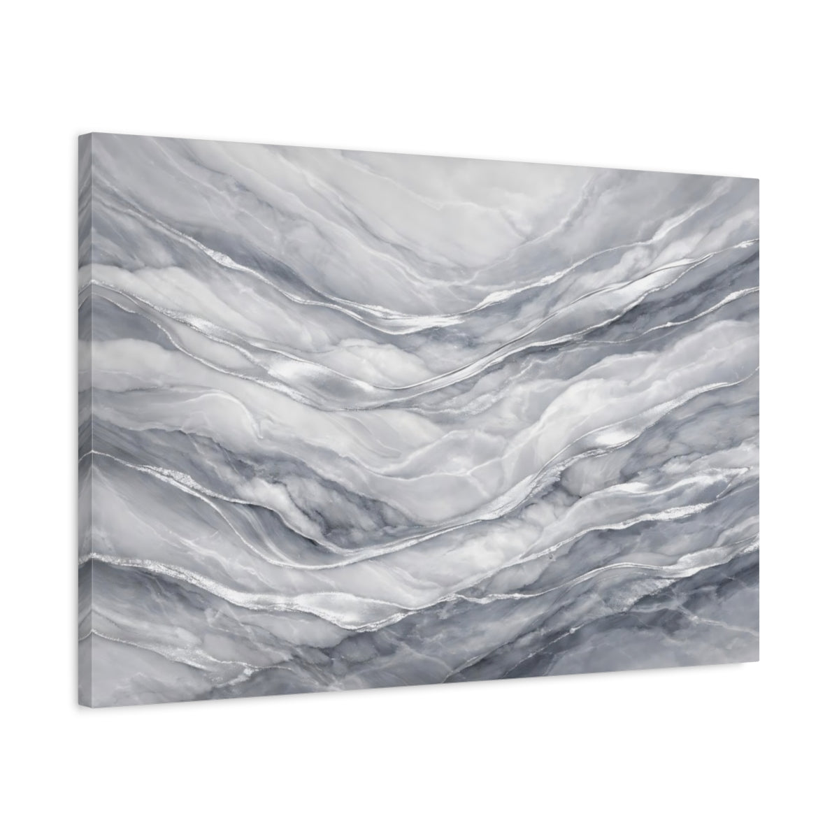Side Mockup 2. Abstract Marble Texture Grey And Silver shown as stretched canvas wall art