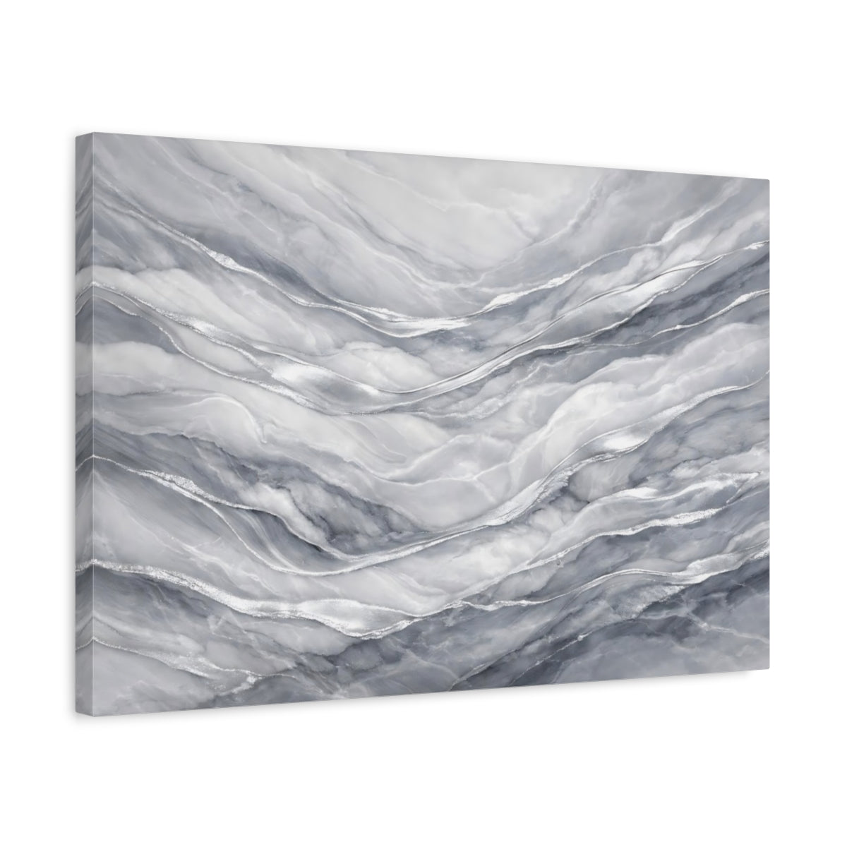 Side Mockup 3. Abstract Marble Texture Grey And Silver shown as stretched canvas wall art