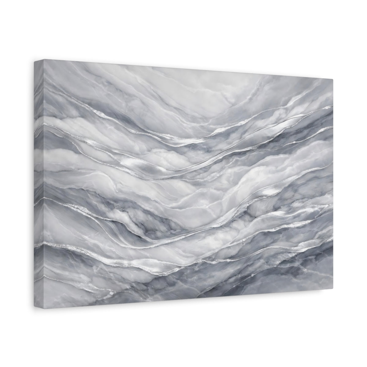 Side Mockup 4. Abstract Marble Texture Grey And Silver shown as stretched canvas wall art