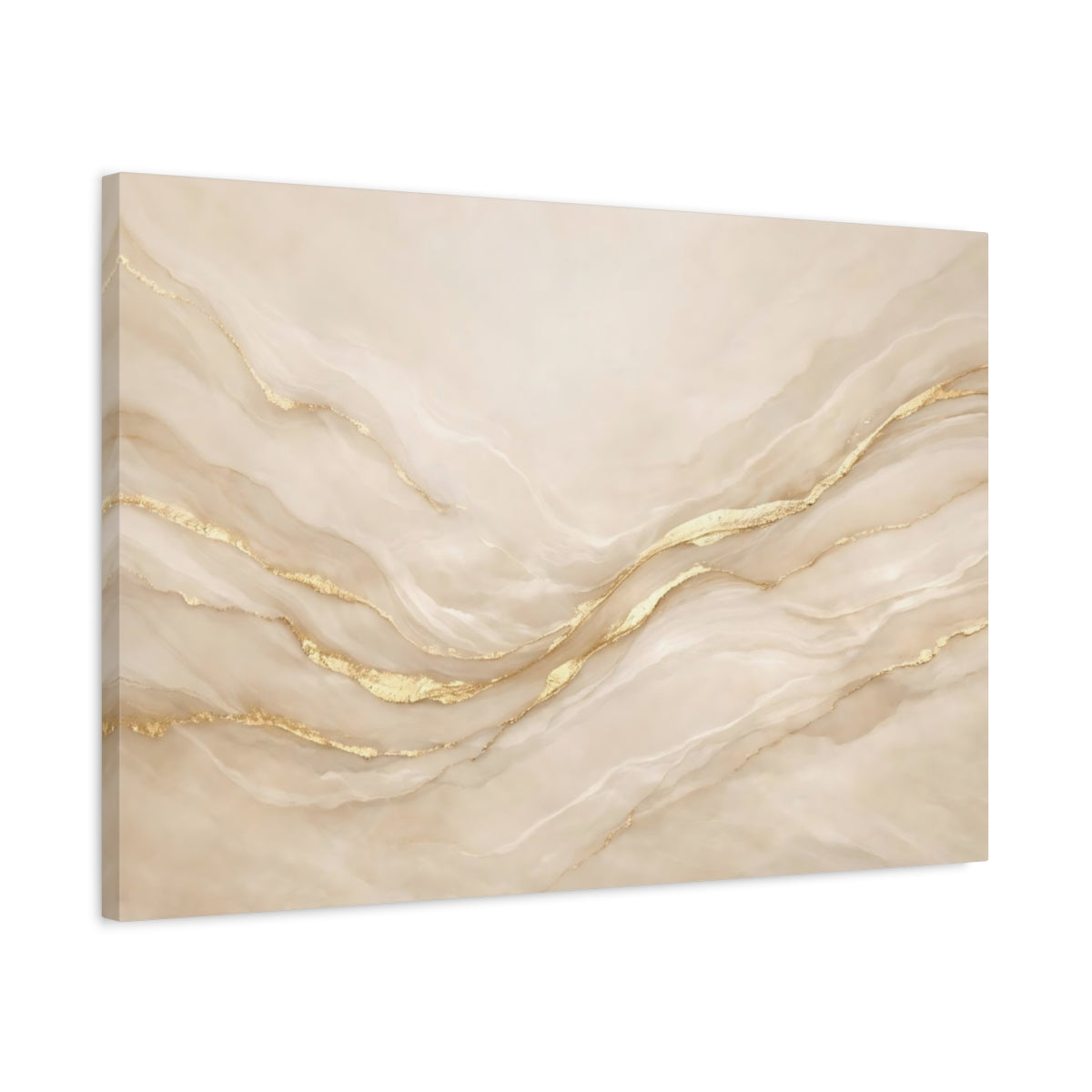 Side Mockup 2. Abstract Marble Veins Beige And Gold shown as stretched canvas wall art