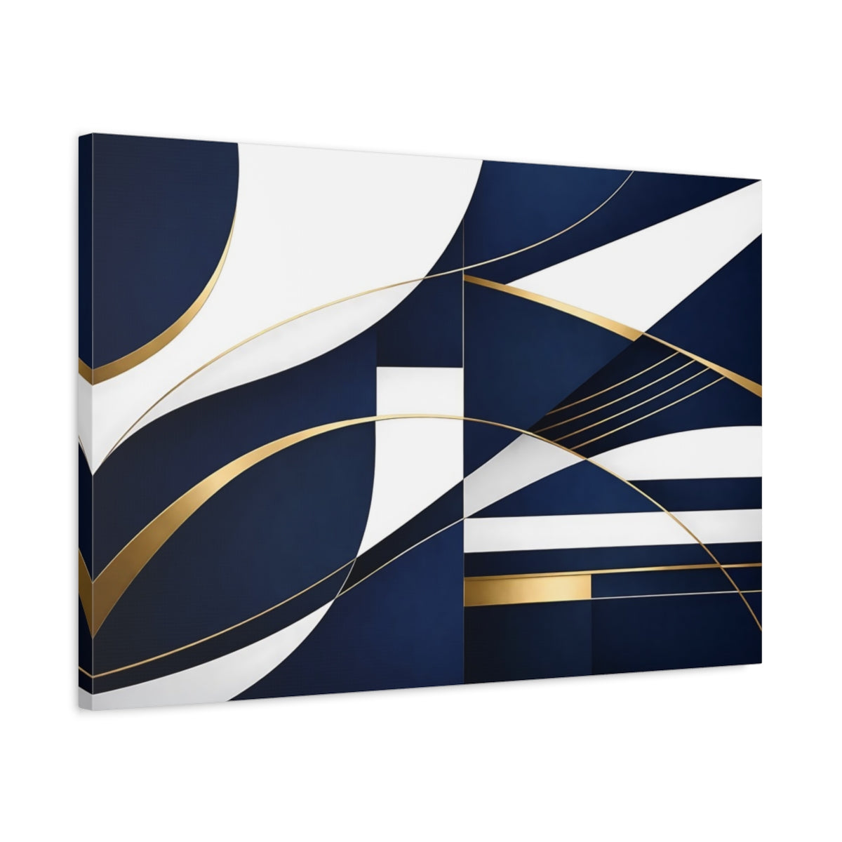 Side Mockup 2. Abstract Abstract Shapes Navy Blue Gold shown as stretched canvas wall art