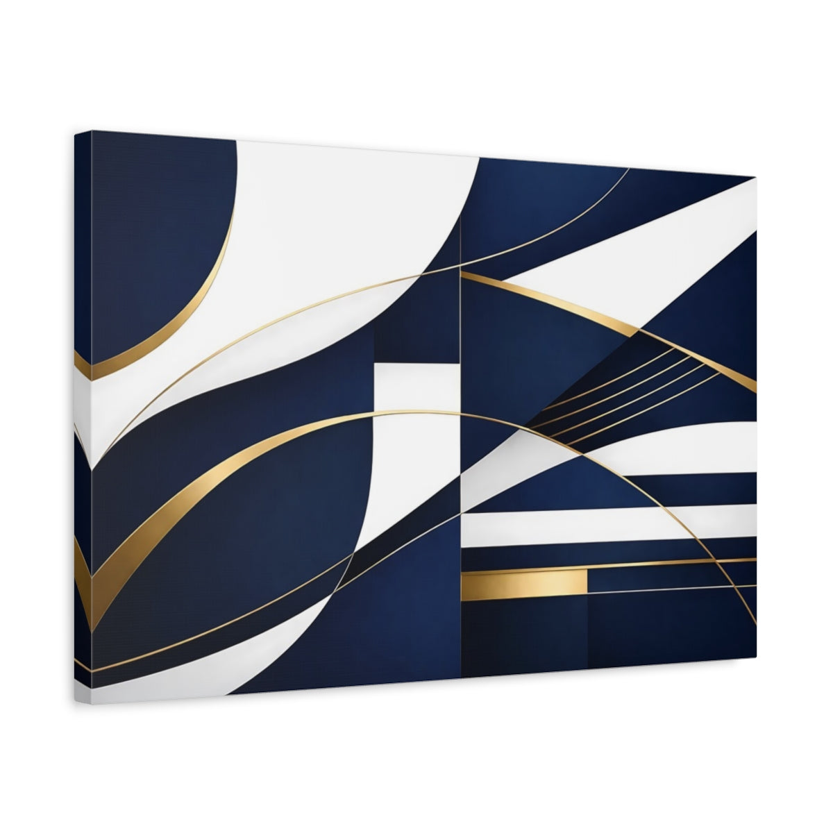 Side Mockup 3. Abstract Abstract Shapes Navy Blue Gold shown as stretched canvas wall art