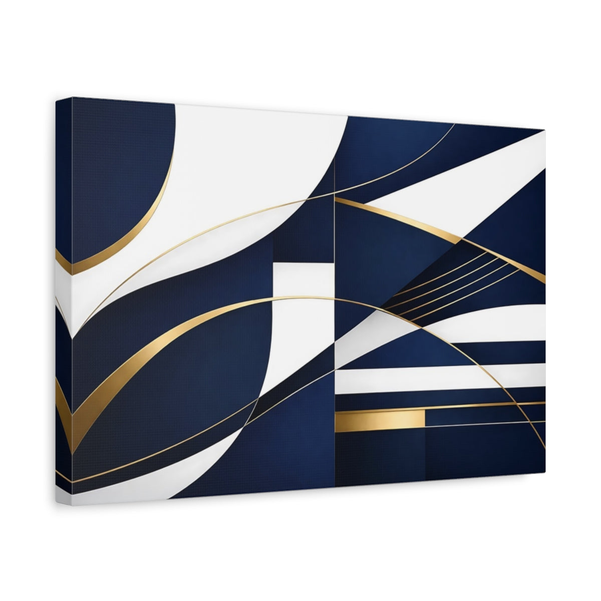 Side Mockup 4. Abstract Abstract Shapes Navy Blue Gold shown as stretched canvas wall art