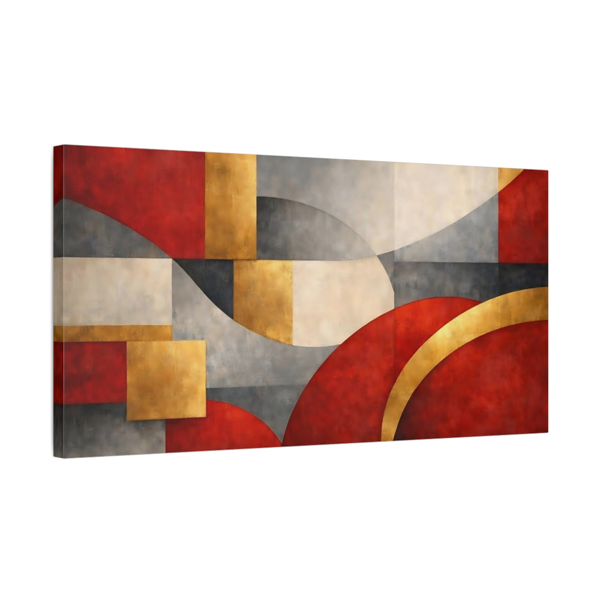 Side Mockup 2. Abstract Abstract Shapes Red, Gold, Grey shown as stretched canvas wall art