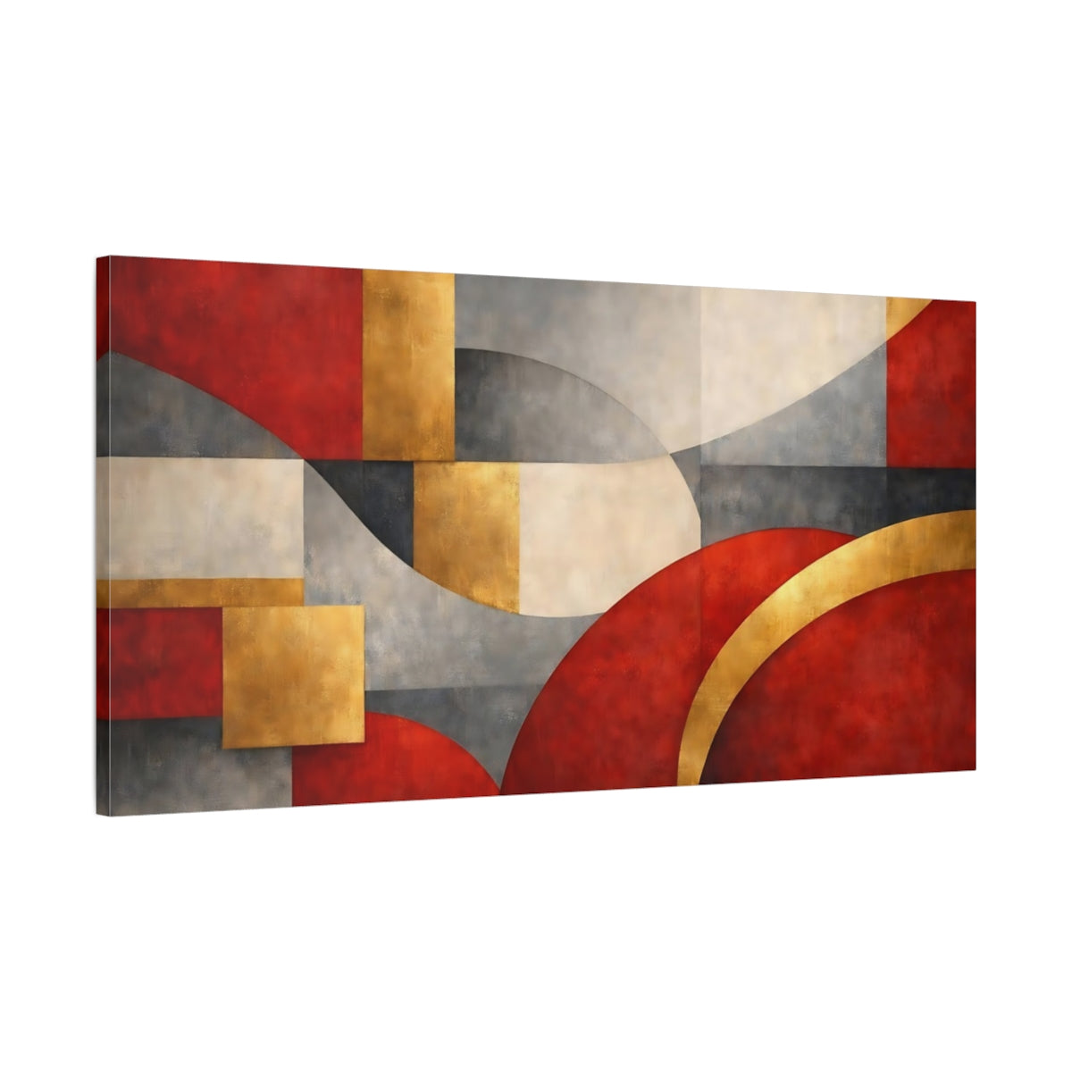 Side Mockup 1. Abstract Abstract Shapes Red, Gold, Grey shown as stretched canvas wall art