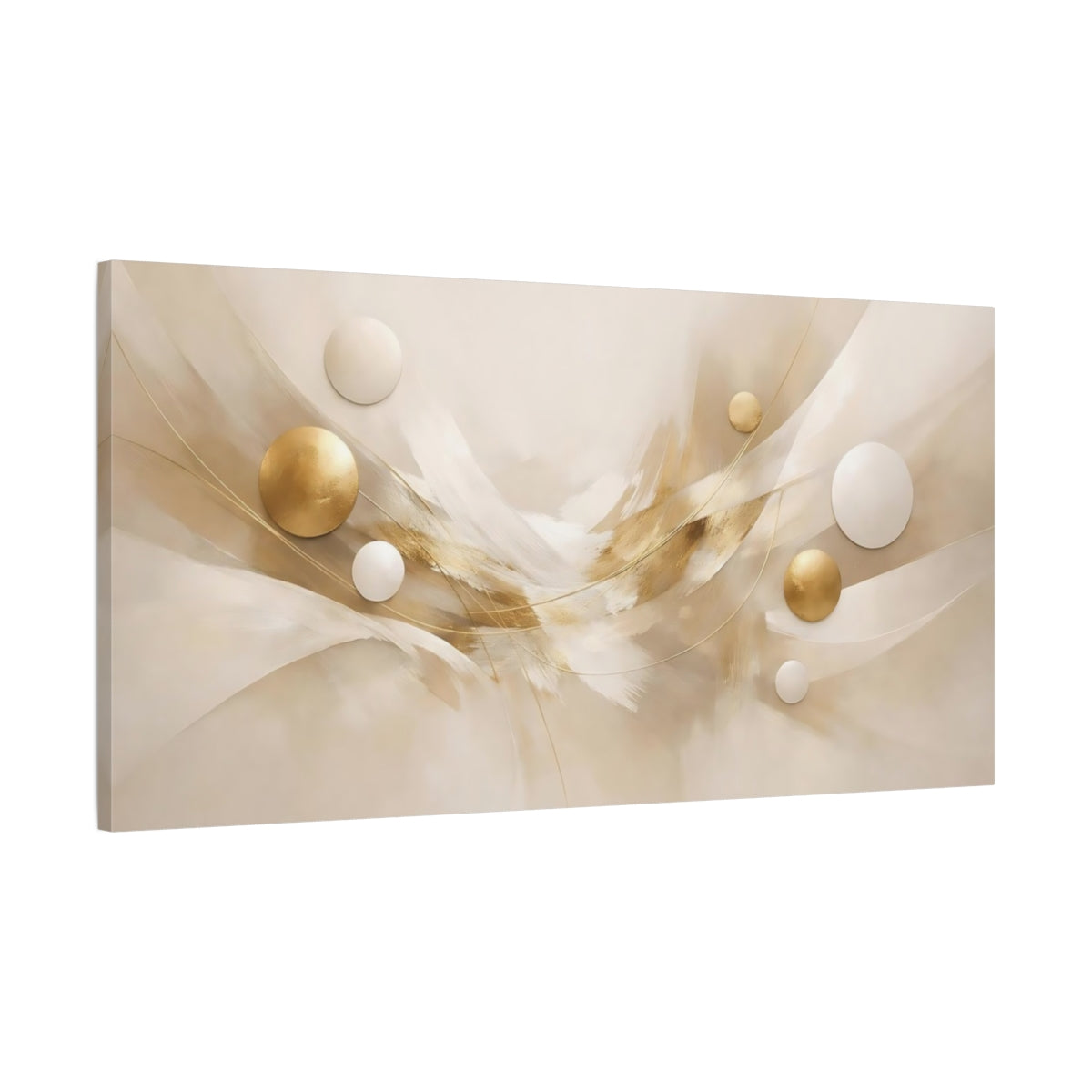 Side Mockup 1. Abstract Abstract Spheres Gold And Beige Abstract shown as stretched canvas wall art