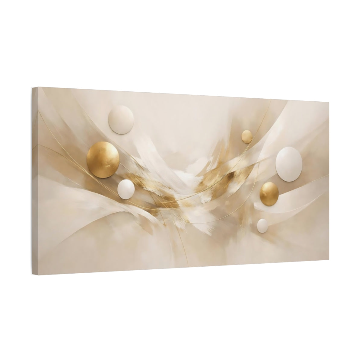 Side Mockup 2. Abstract Abstract Spheres Gold And Beige Abstract shown as stretched canvas wall art