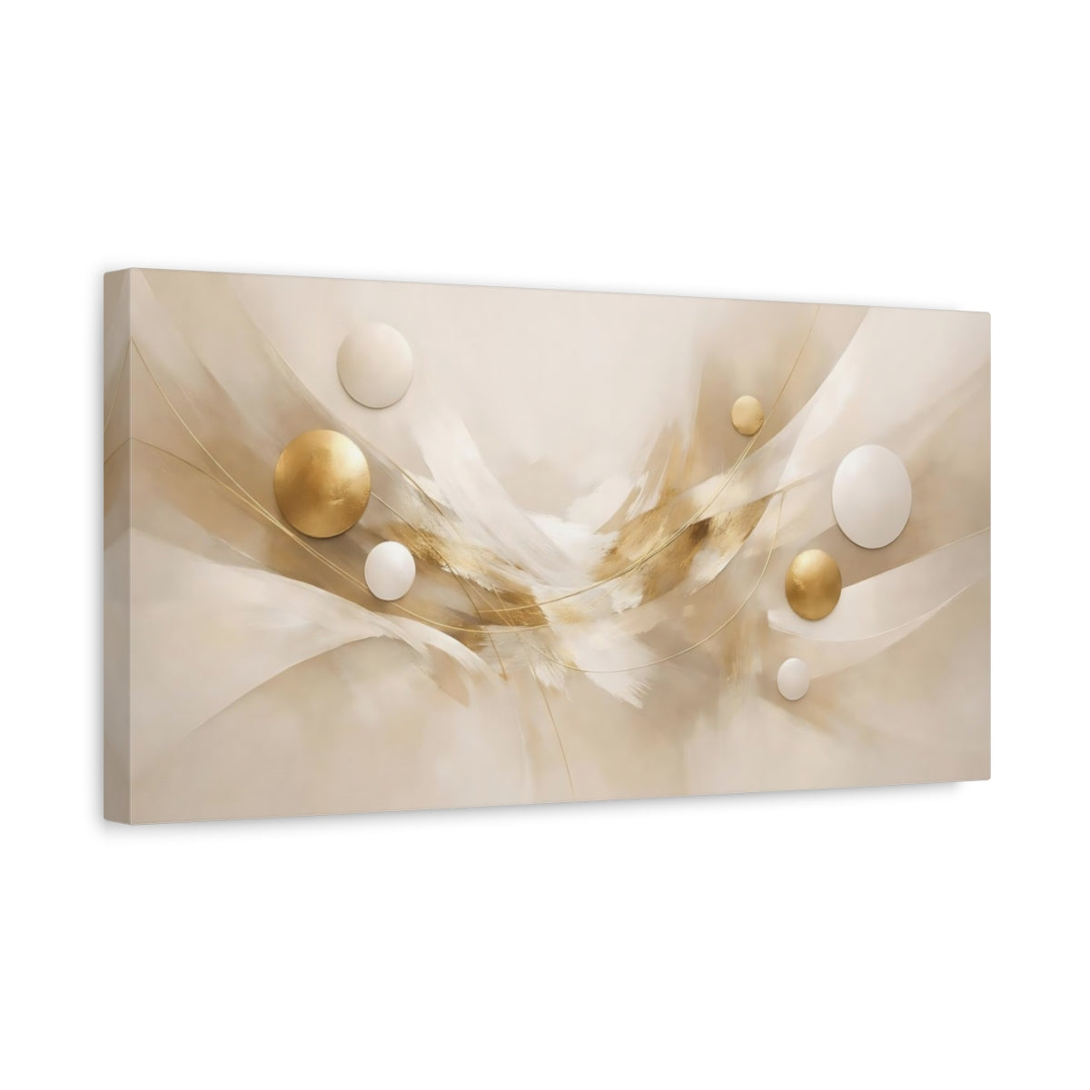 Side Mockup 3. Abstract Abstract Spheres Gold And Beige Abstract shown as stretched canvas wall art