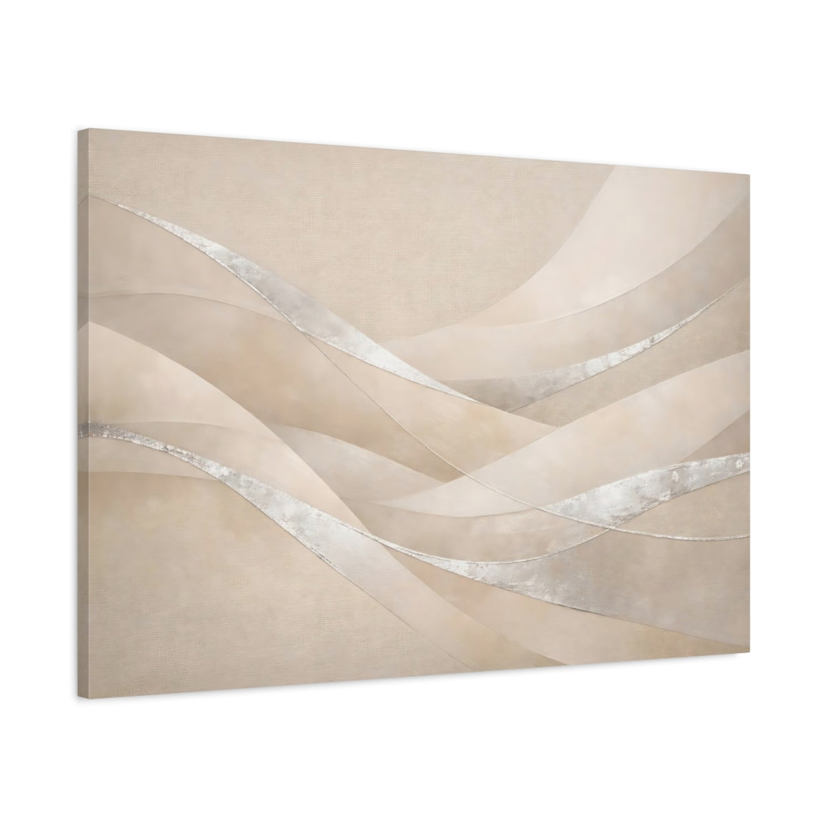 Side Mockup 1. Abstract Abstract Waves Beige Silver shown as stretched canvas wall art