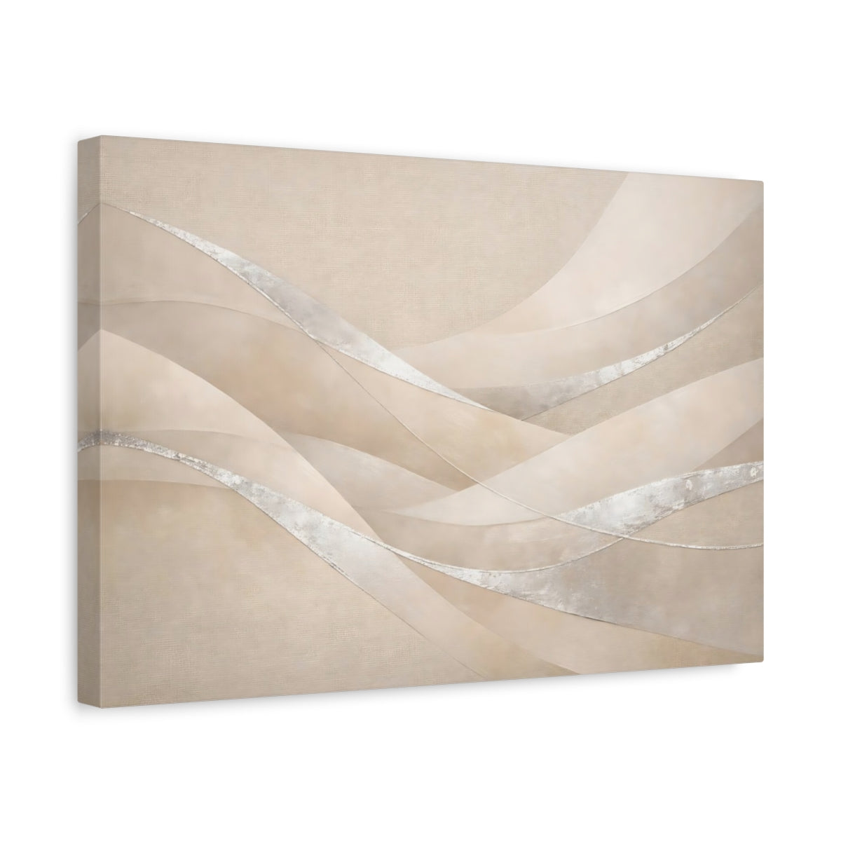 Side Mockup 4. Abstract Abstract Waves Beige Silver shown as stretched canvas wall art