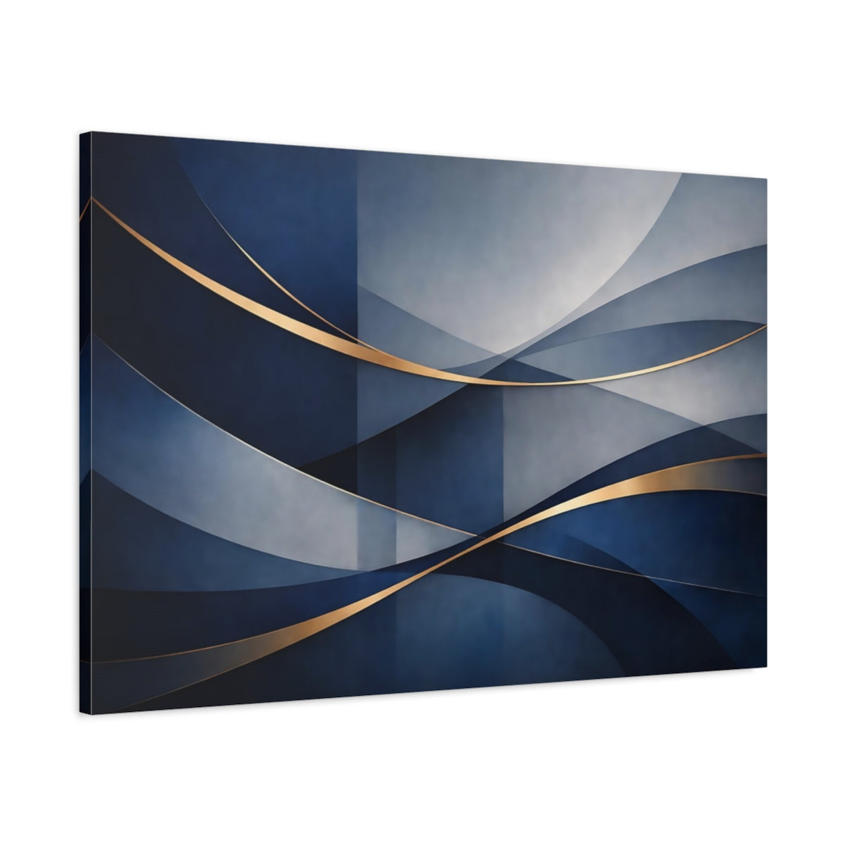 Side Mockup 1. Abstract Abstract Waves Blue And Gold shown as stretched canvas wall art