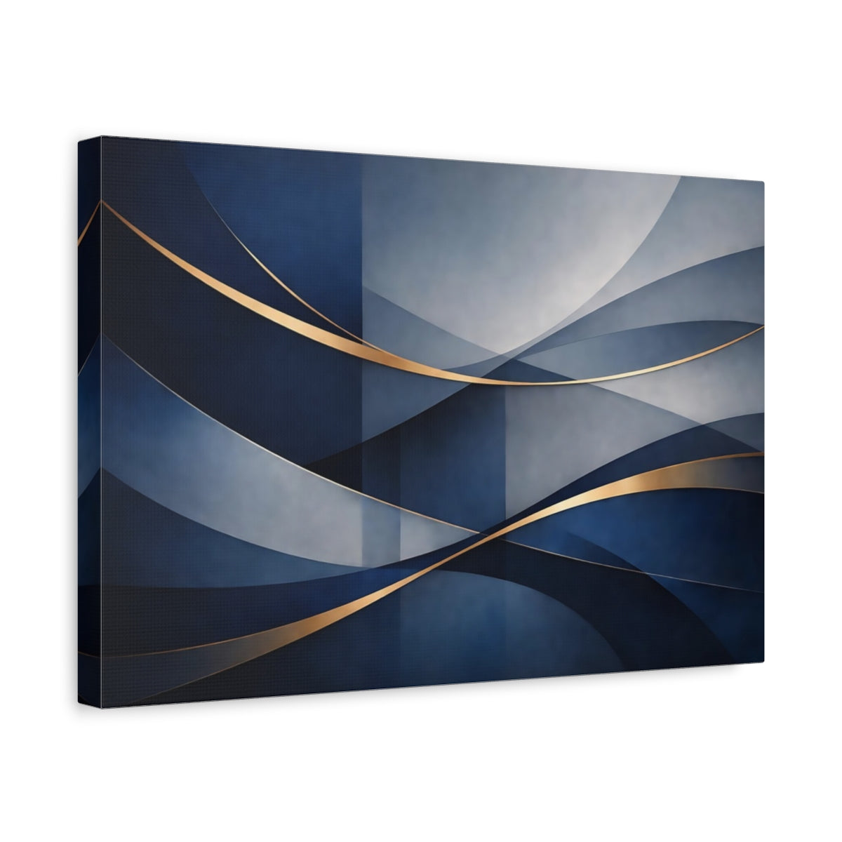 Side Mockup 4. Abstract Abstract Waves Blue And Gold shown as stretched canvas wall art