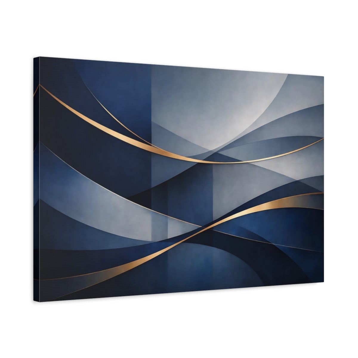 Side Mockup 2. Abstract Abstract Waves Blue And Gold shown as stretched canvas wall art
