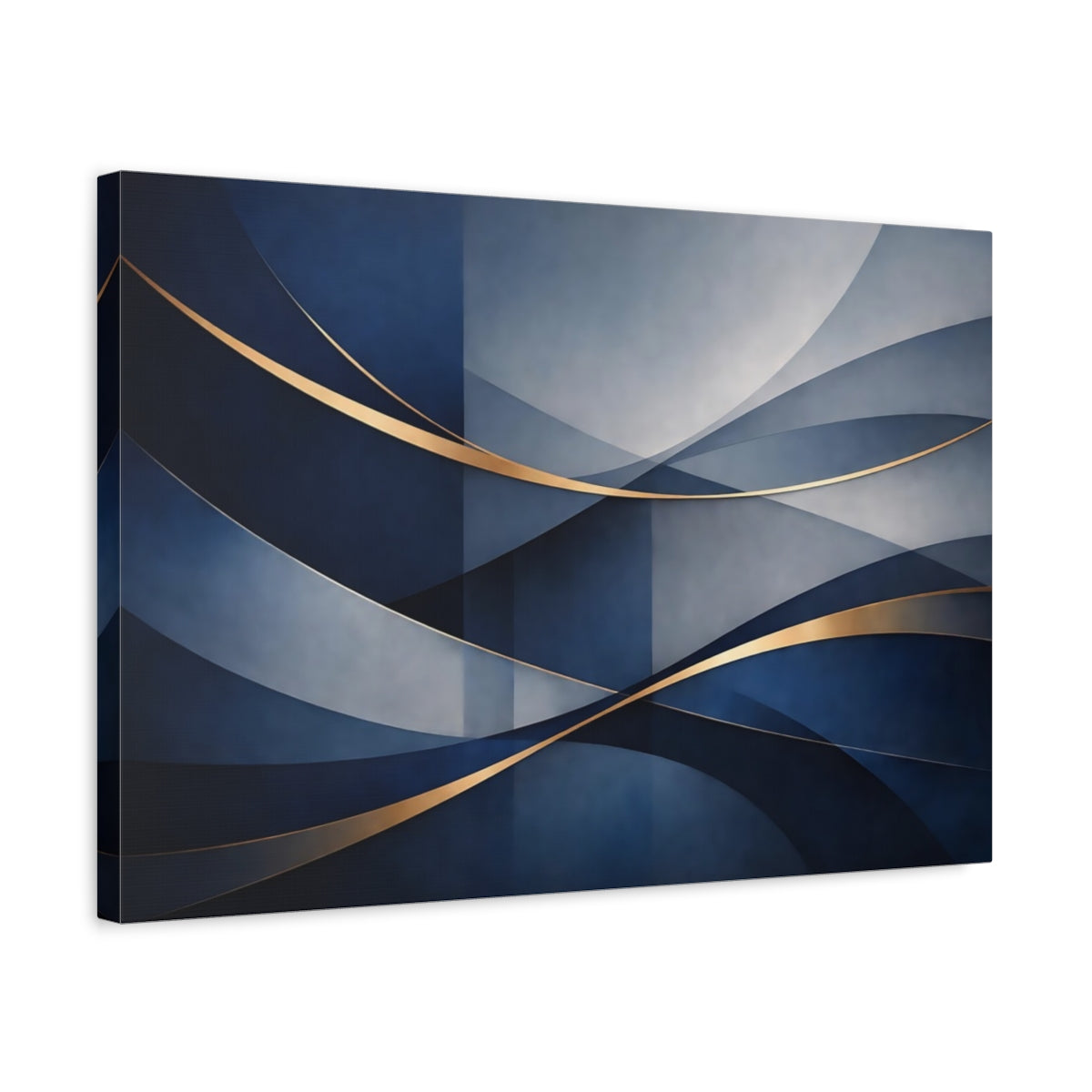 Side Mockup 3. Abstract Abstract Waves Blue And Gold shown as stretched canvas wall art