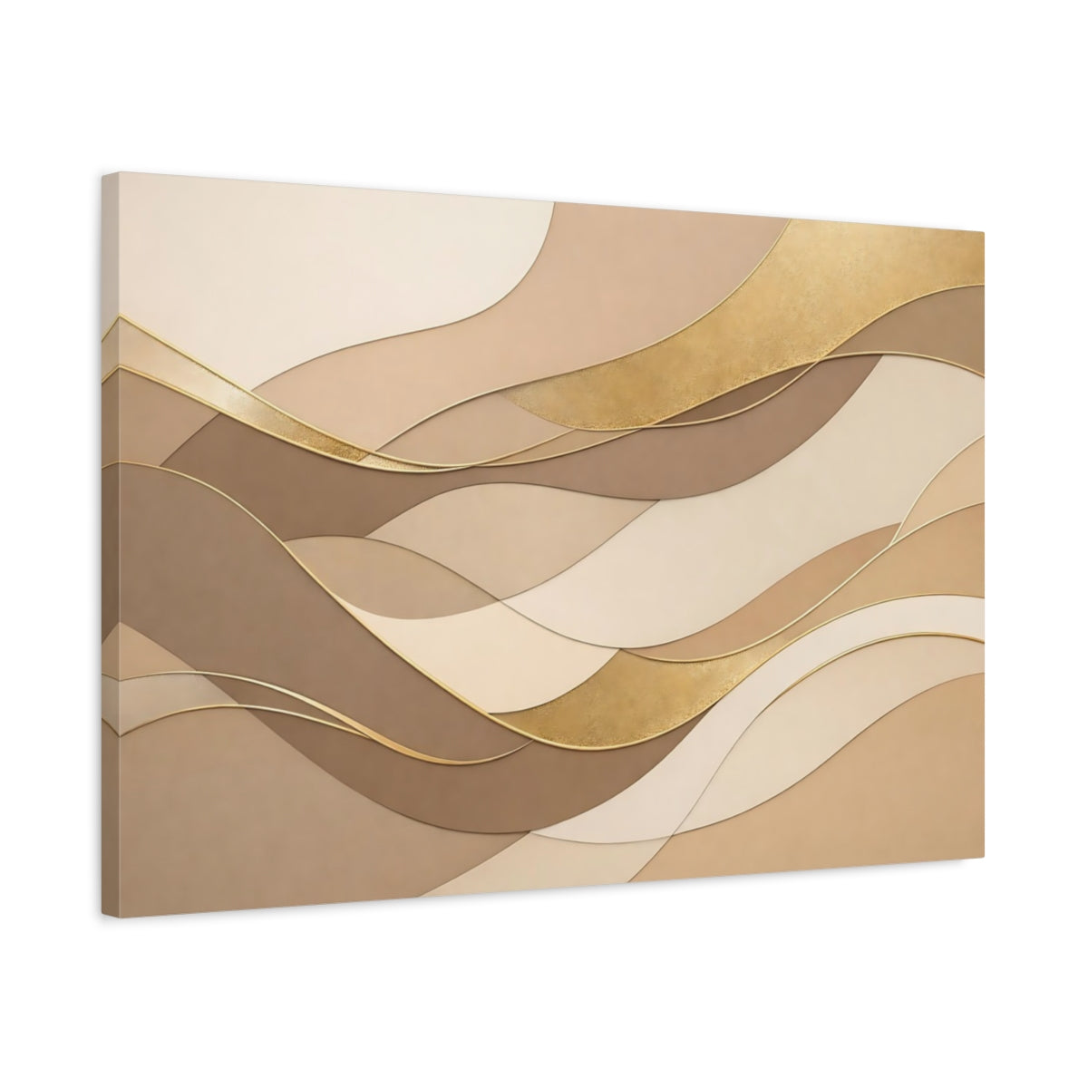 Side Mockup 2. Abstract Wavy Shapes Brown And Gold shown as stretched canvas wall art