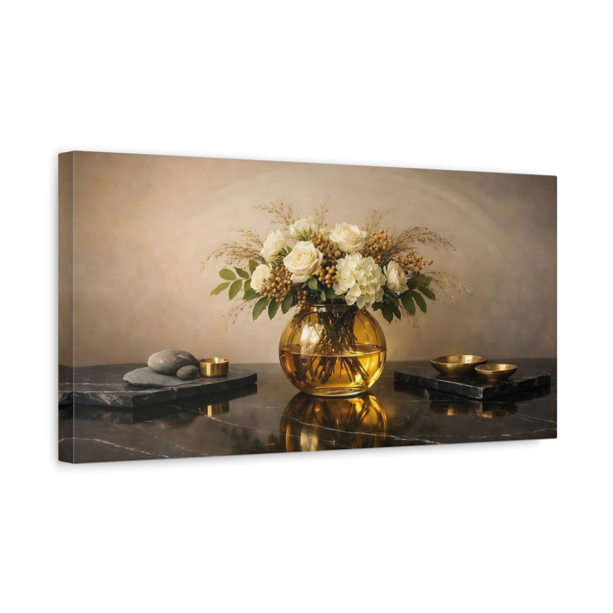 Side Mockup 3. Floral Floral Arrangement White Gold Floral shown as stretched canvas wall art