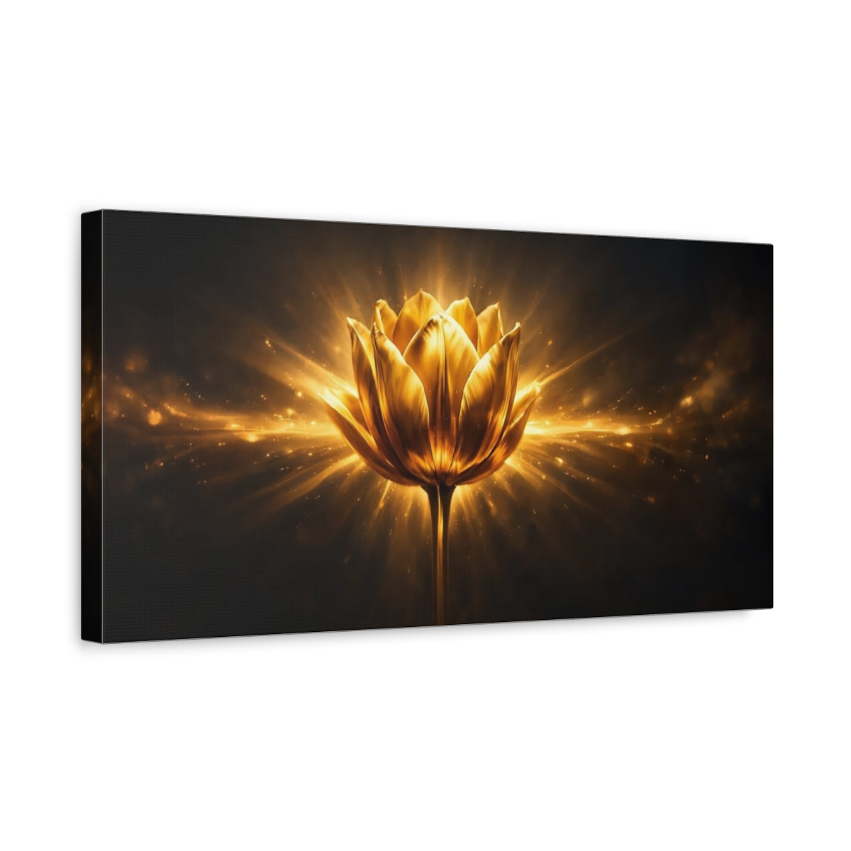 Side Mockup 3. Floral Golden Lotus Gold And Black shown as stretched canvas wall art