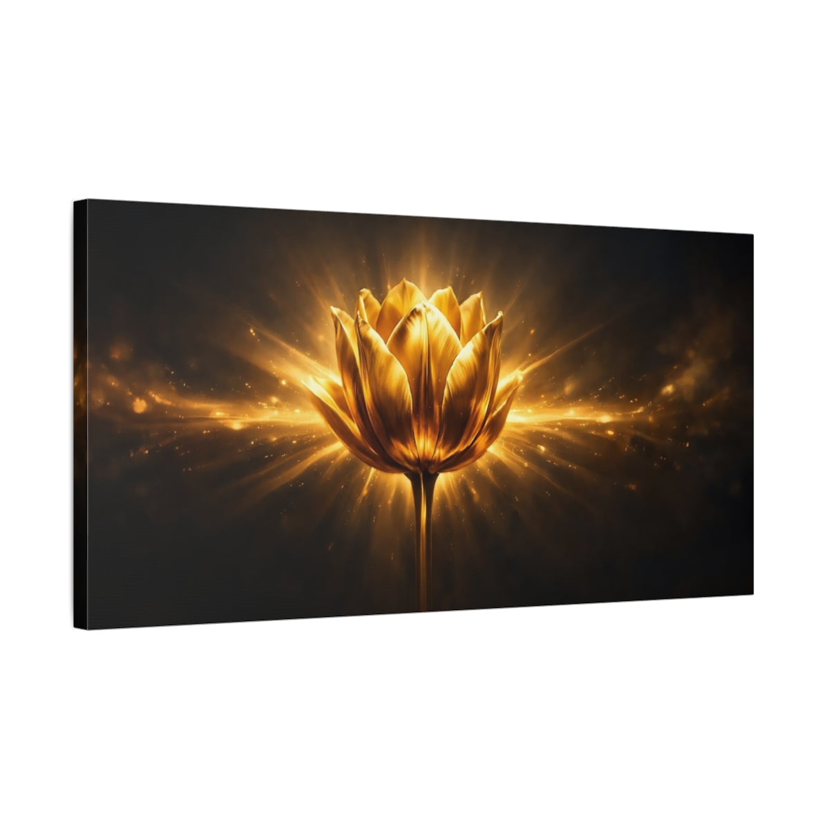 Side Mockup 2. Floral Golden Lotus Gold And Black shown as stretched canvas wall art