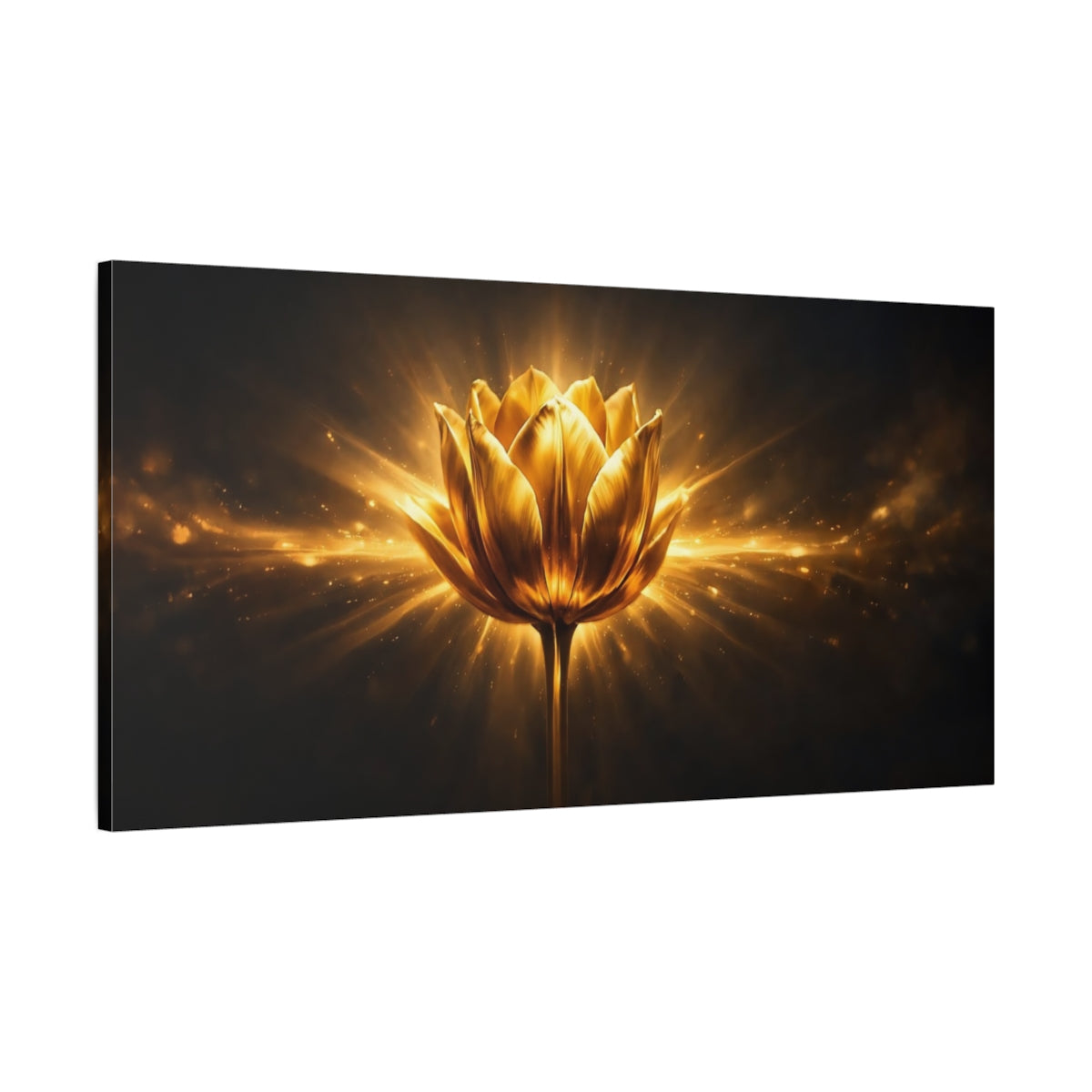 Side Mockup 1. Floral Golden Lotus Gold And Black shown as stretched canvas wall art