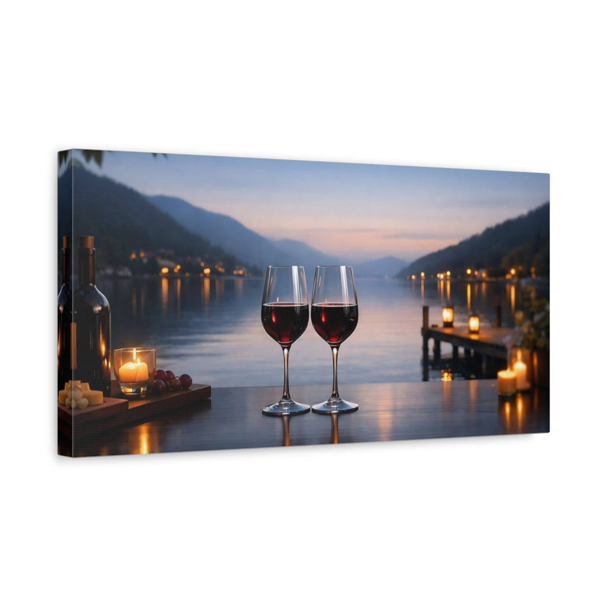 Side Mockup 3. Nature Wine Glasses Dusk Lake View shown as stretched canvas wall art