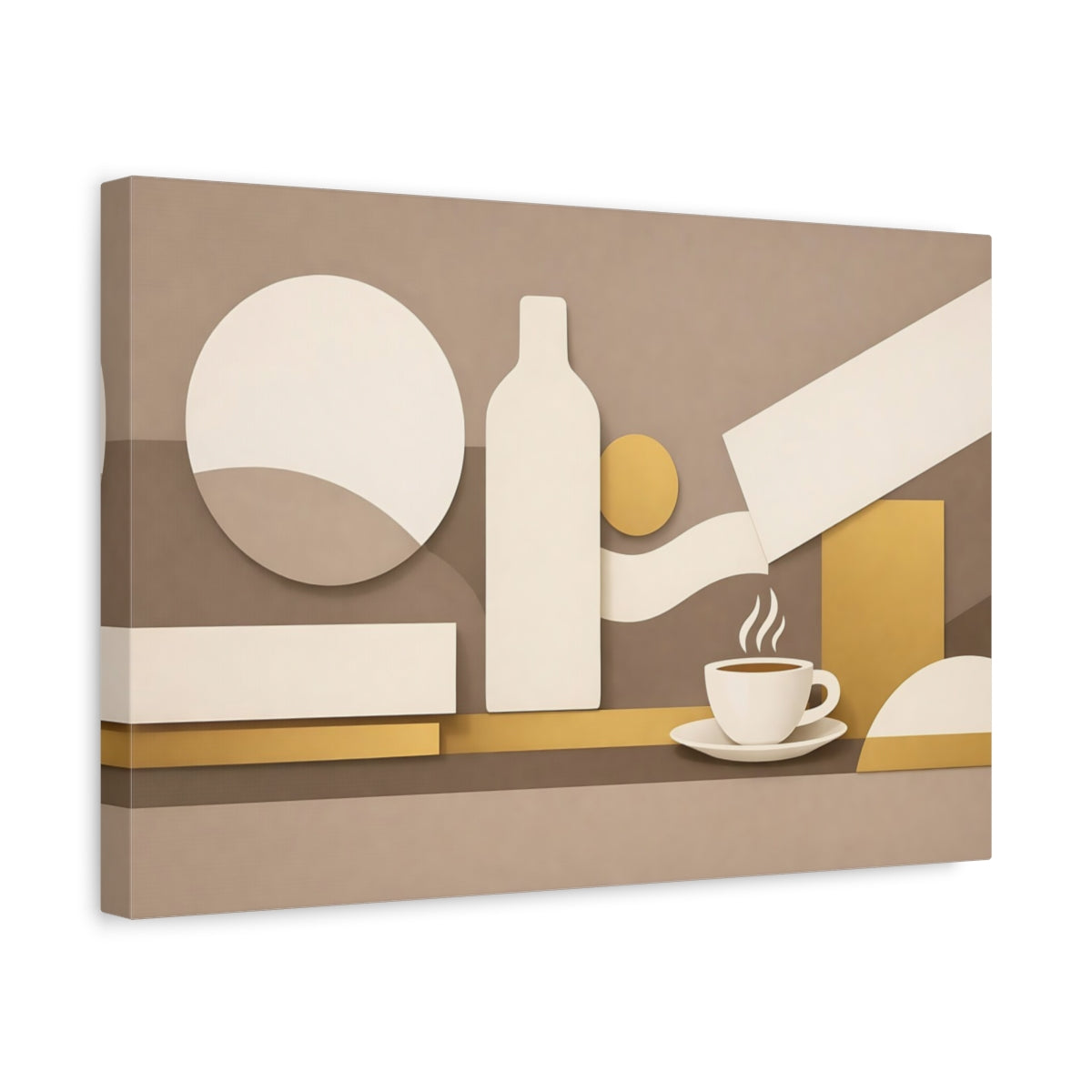 Side Mockup 4. Abstract Coffee Cup Beige And Gold shown as stretched canvas wall art