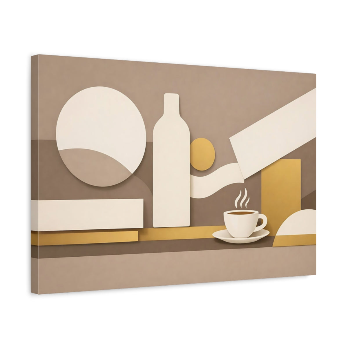 Side Mockup 3. Abstract Coffee Cup Beige And Gold shown as stretched canvas wall art