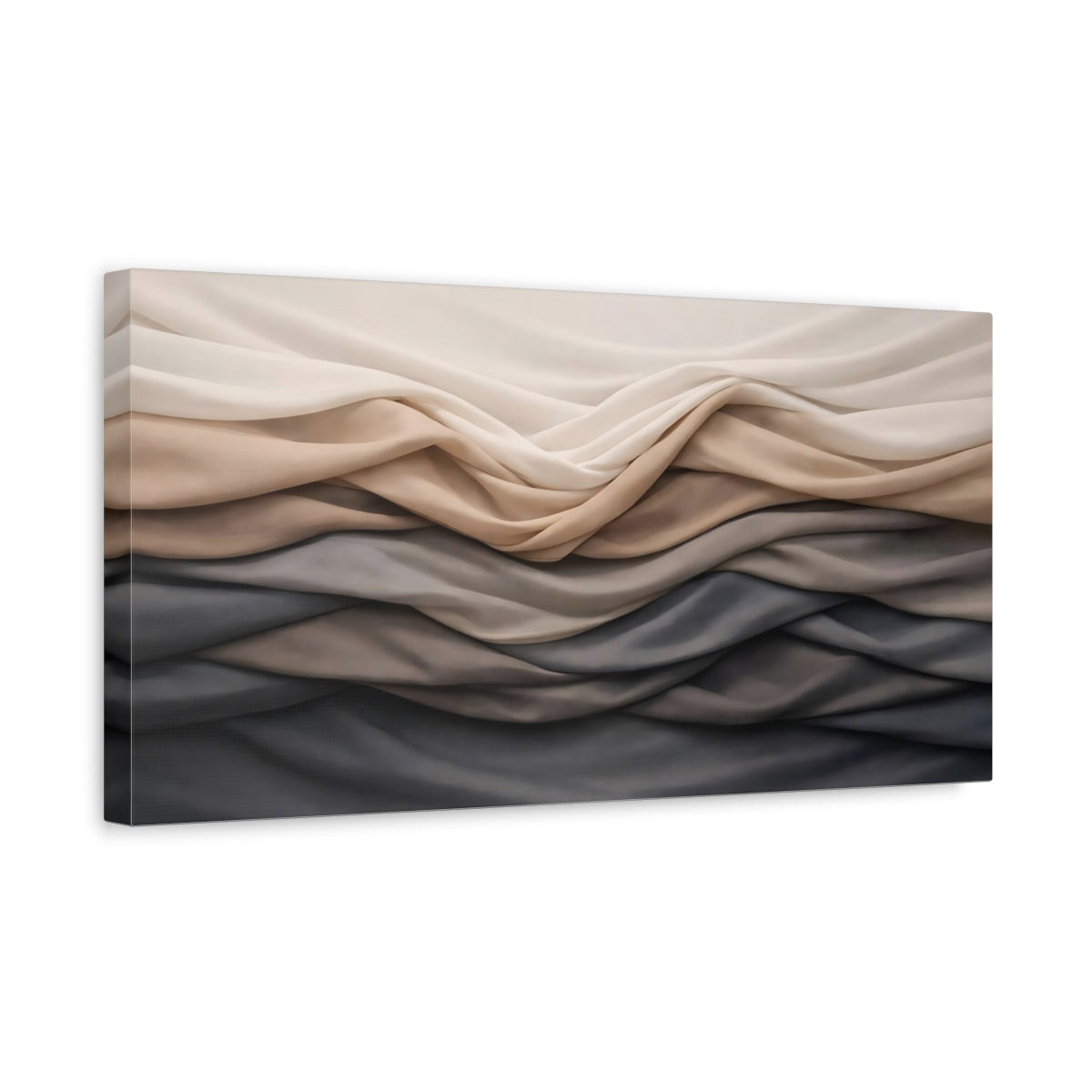 Side Mockup 3. Abstract Fabric Folds Beige Grey Gradient shown as stretched canvas wall art