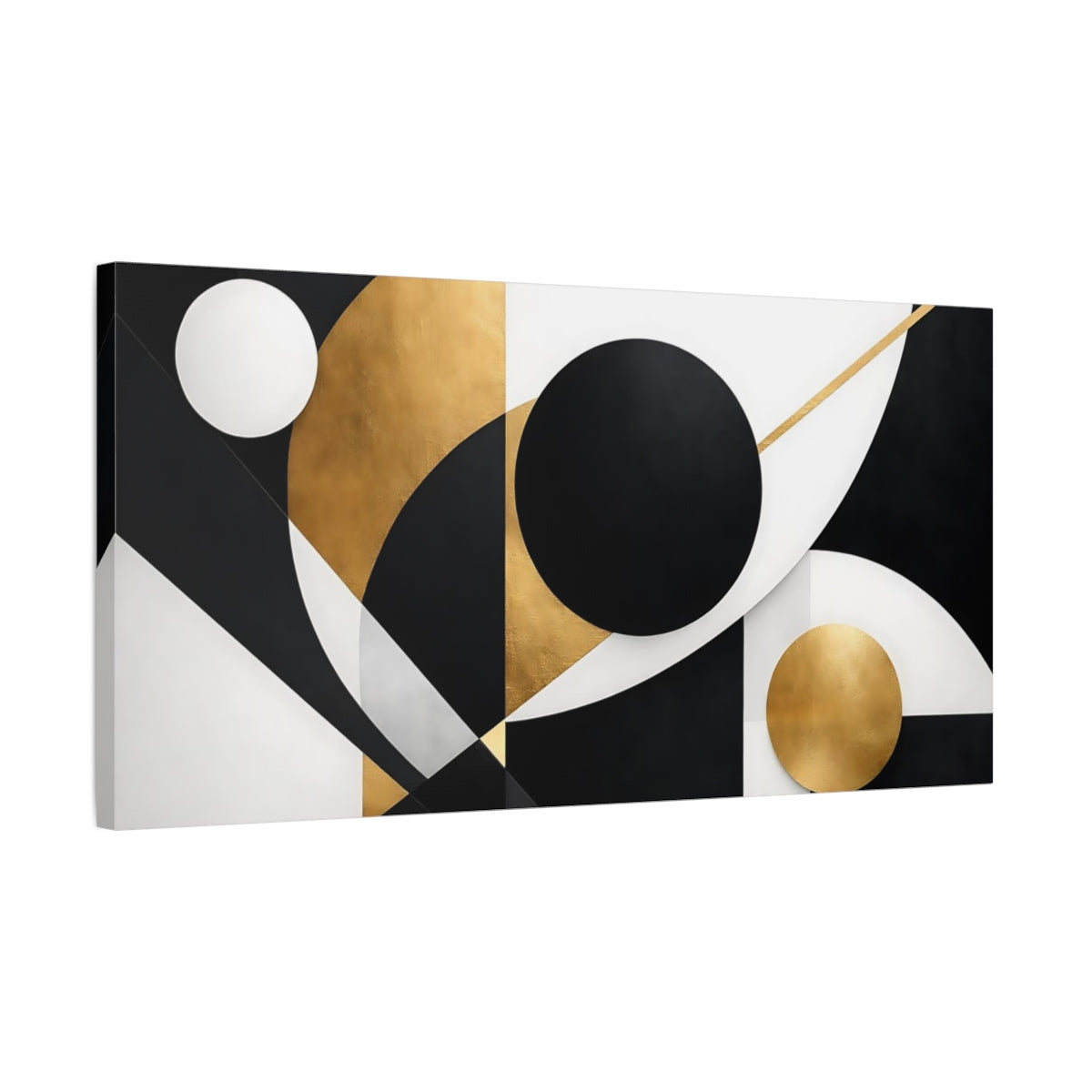 Side Mockup 2. Abstract Geometric Shapes Black Gold Abstract shown as stretched canvas wall art