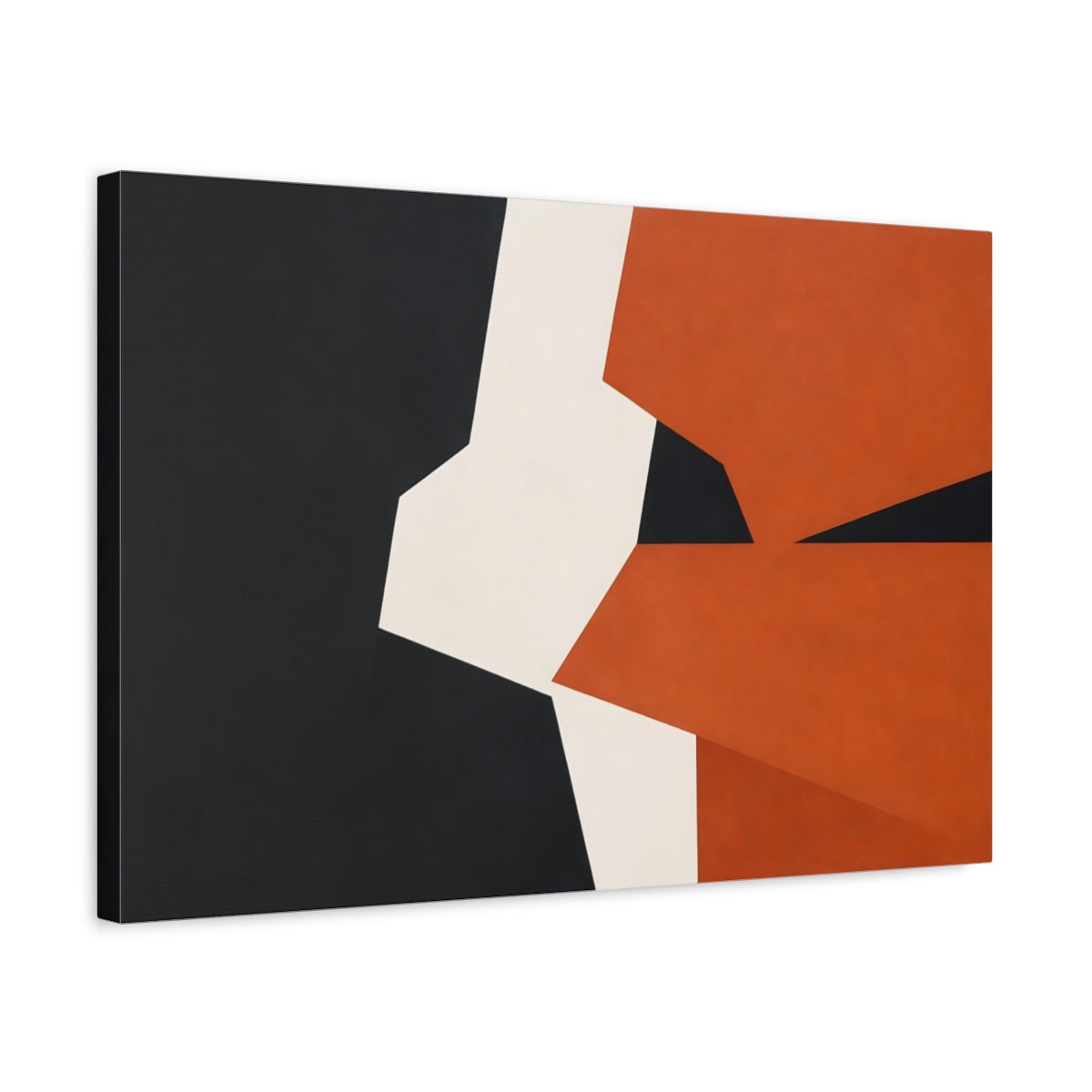 Side Mockup 3. Abstract Geometric Shapes Black Orange White shown as stretched canvas wall art