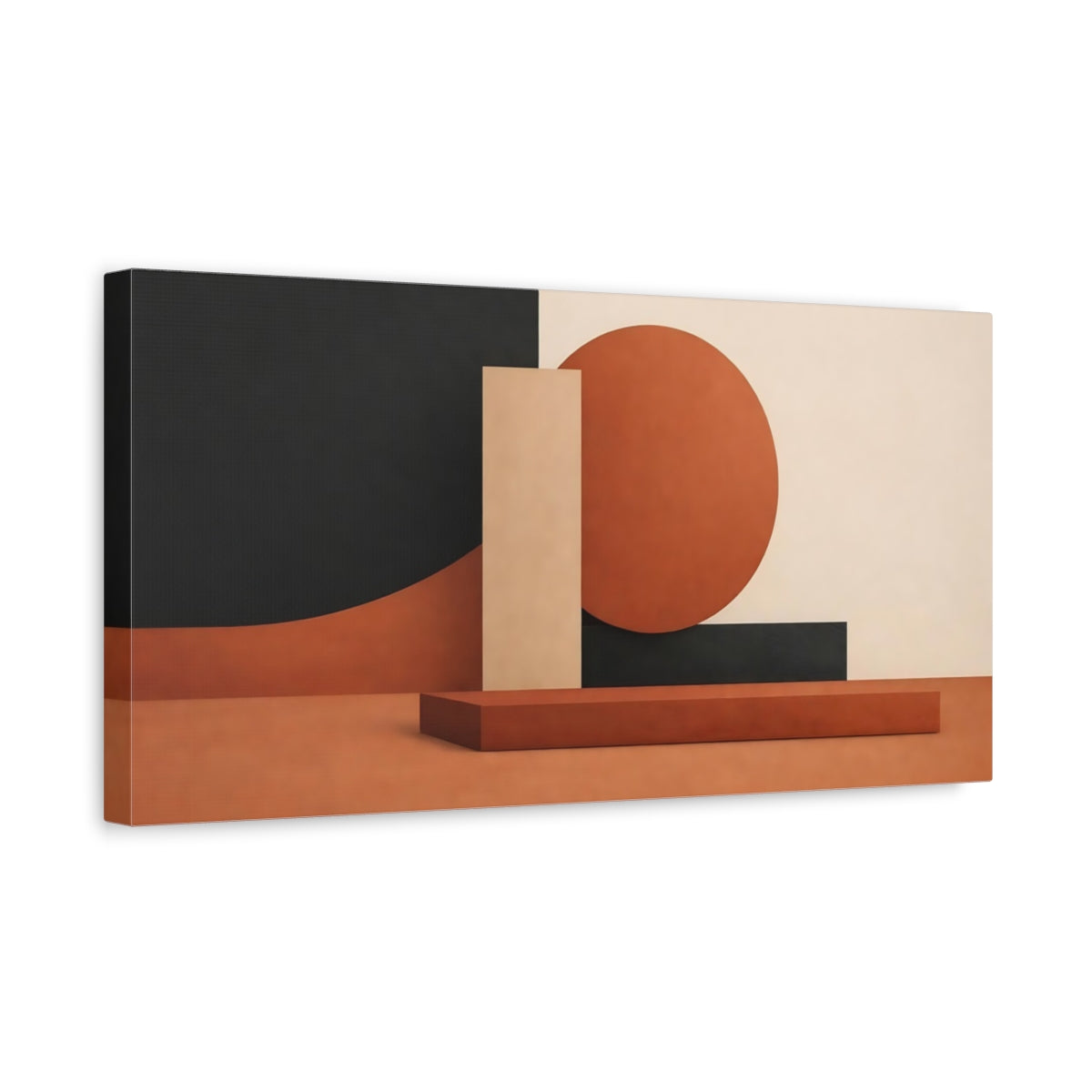 Side Mockup 3. Abstract Geometric Shapes Terracotta Brown Black shown as stretched canvas wall art