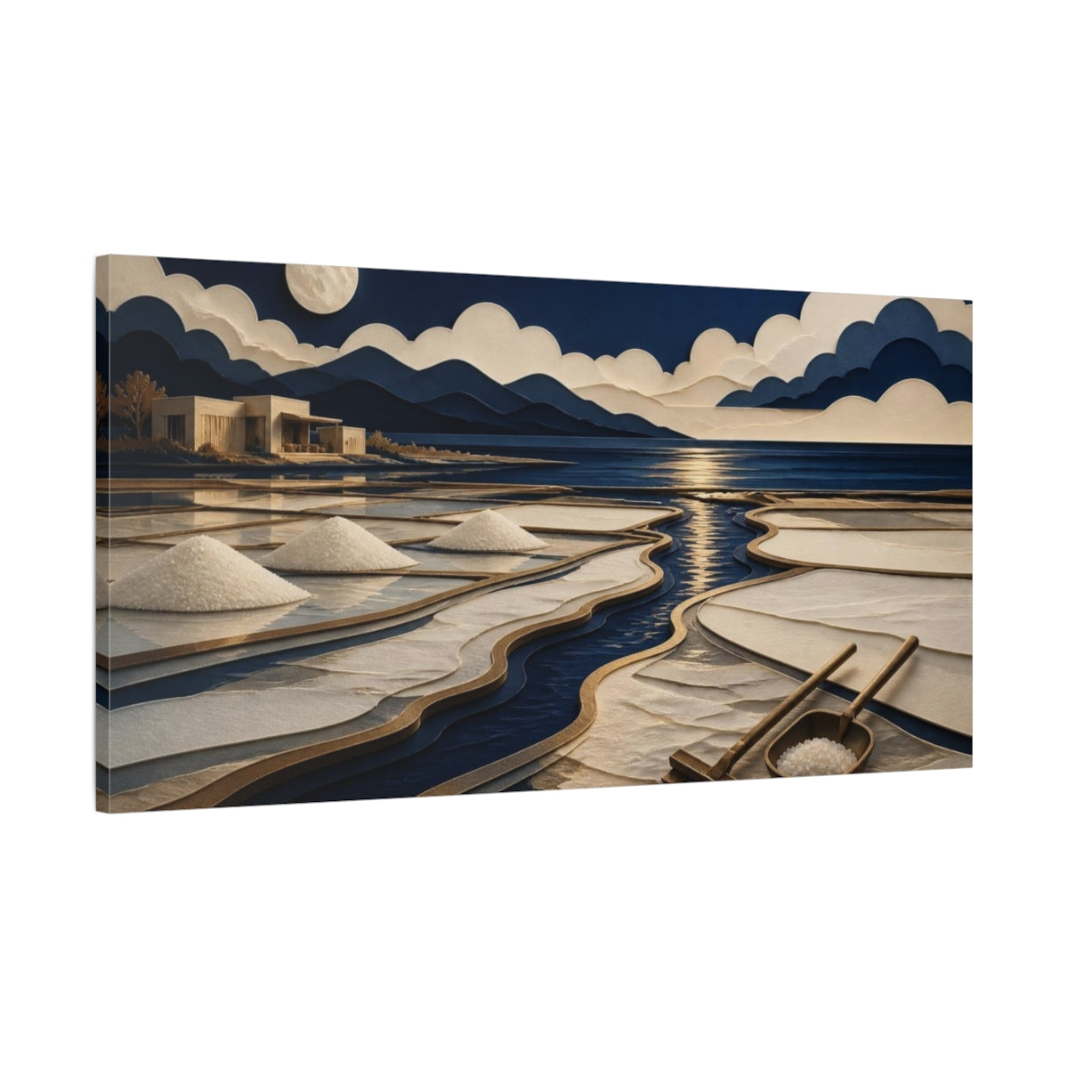 Main Mockup. Modern Moonlit Salt Pans shown as canvas print