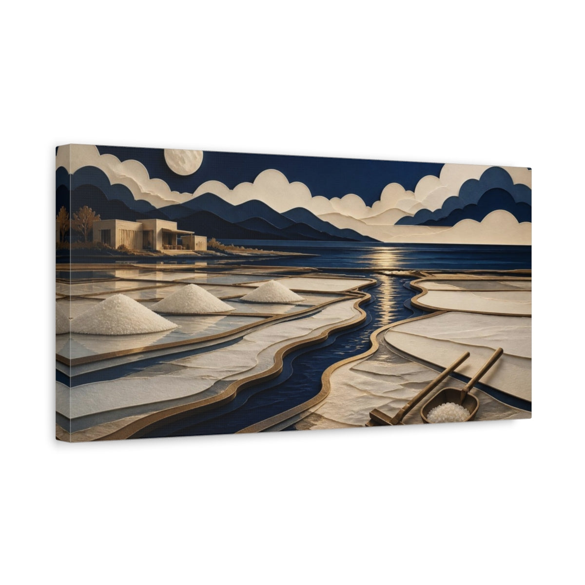 Side Mockup 3. Modern Moonlit Salt Pans shown as canvas print