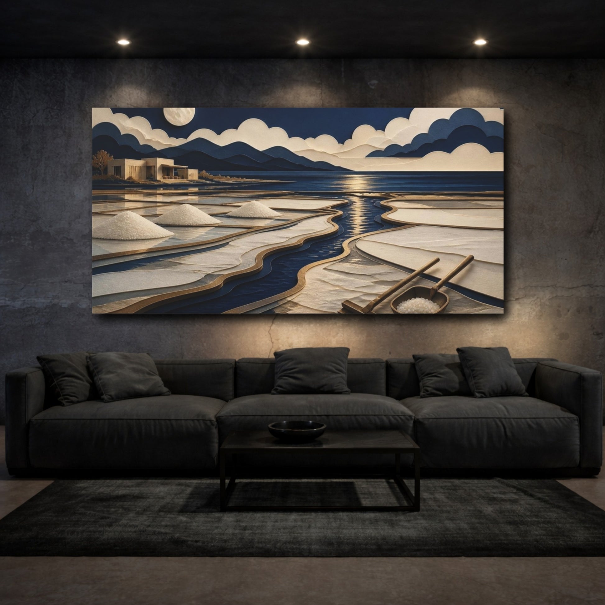 Mockup 3. Modern Moonlit Salt Pans shown as canvas print