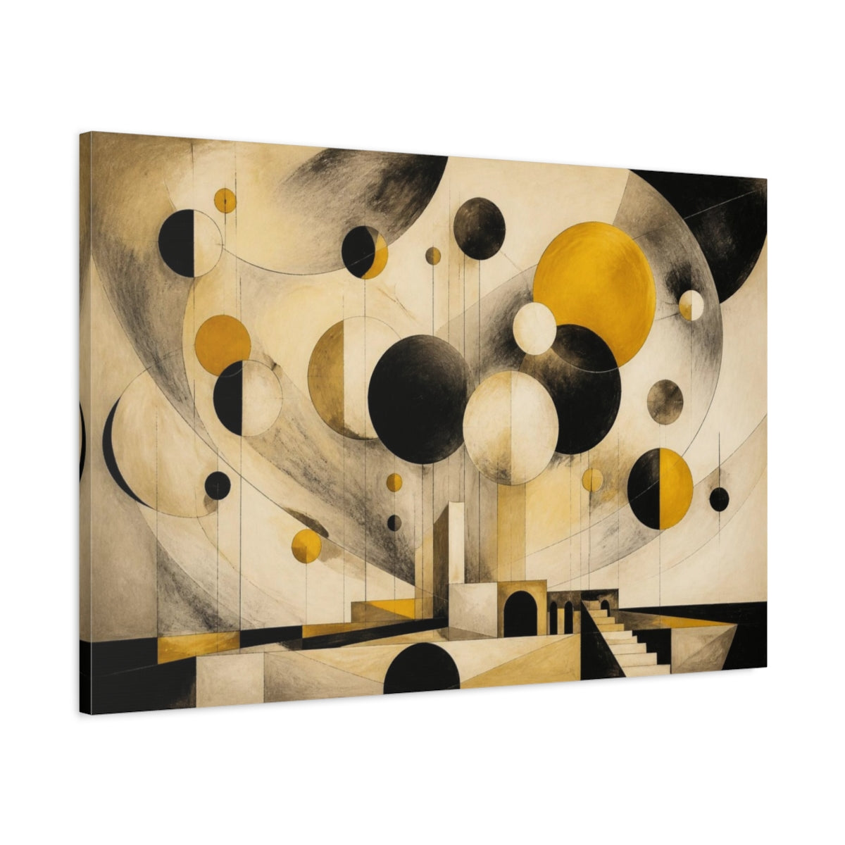 Main Mockup. Modern Mustard Spheres shown as canvas print